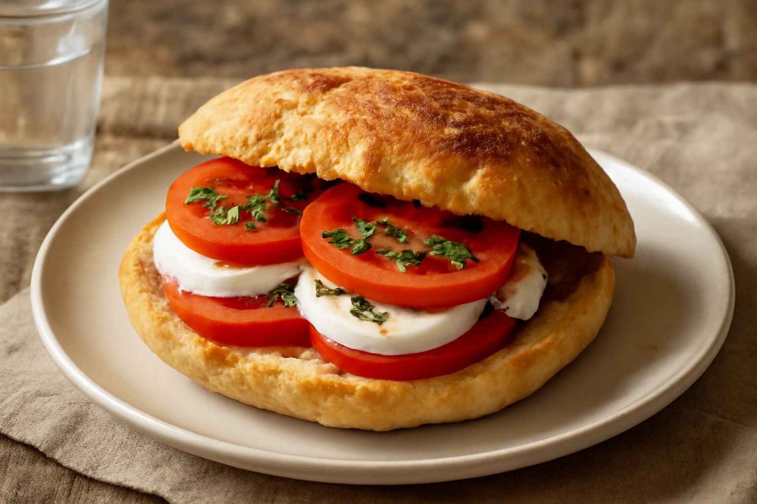 Puccia ca' pomodoro appena sfornata, tagliata a metà, che mostra il ripieno di pomodori rossi, mozzarella bianca filante e qualche foglia di origano fresco, servita su un piatto di ceramica bianca