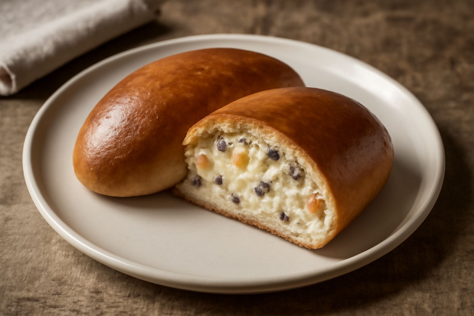 Puccia ca' ricotta tagliata a metà su piatto bianco, che mostra la pasta dorata al forno e il ripieno cremoso di ricotta con canditi e gocce di cioccolato visibili, contorno sfumato di farina su super