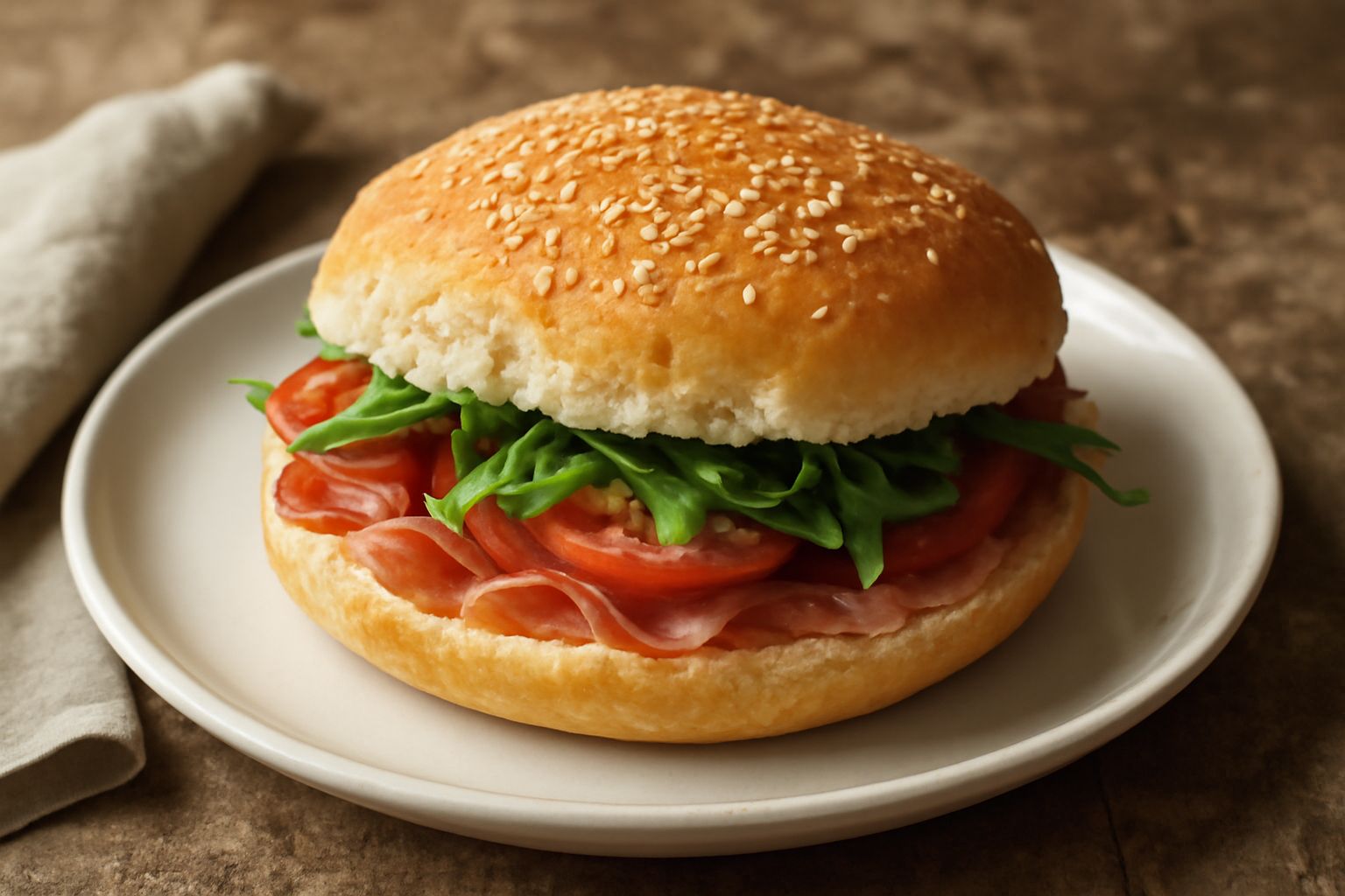 Puccia casertana dorata appena sfornata, rotonda e leggermente schiacciata, con semi di sesamo bianco sulla superficie croccante, posta su un piatto di terracotta bianca accanto a un coltello in legno