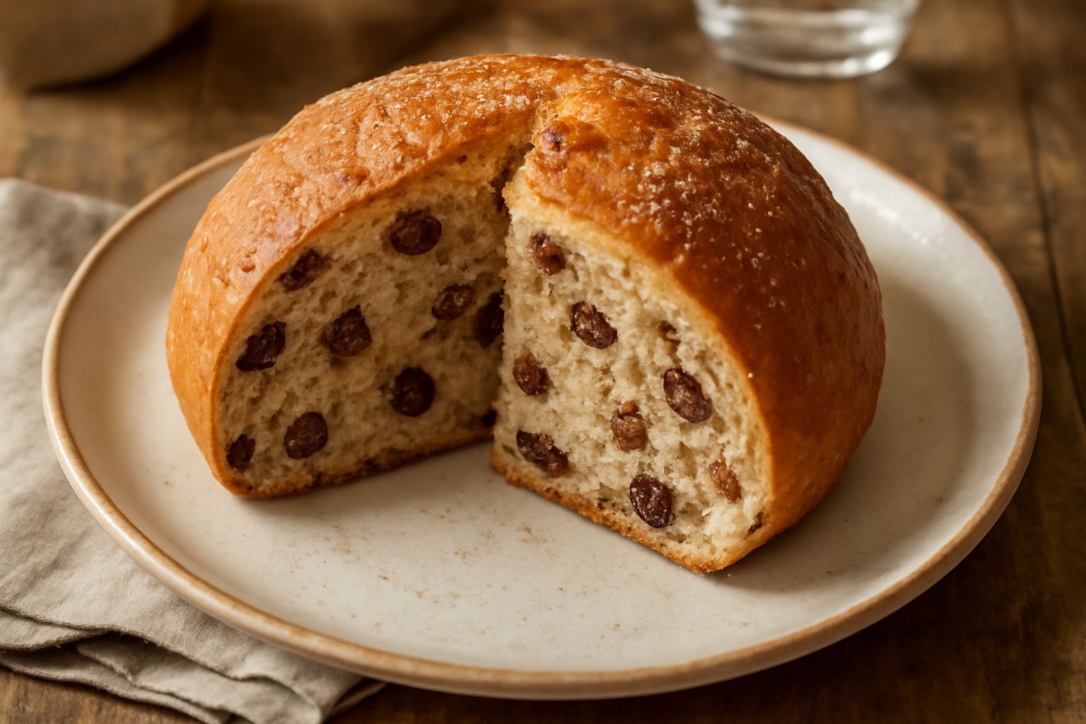 Puccia catanzarese intera e una fetta su piatto bianco, pane dorato con uvetta e noci visibili in superficie, aspetto rustico e fragrante