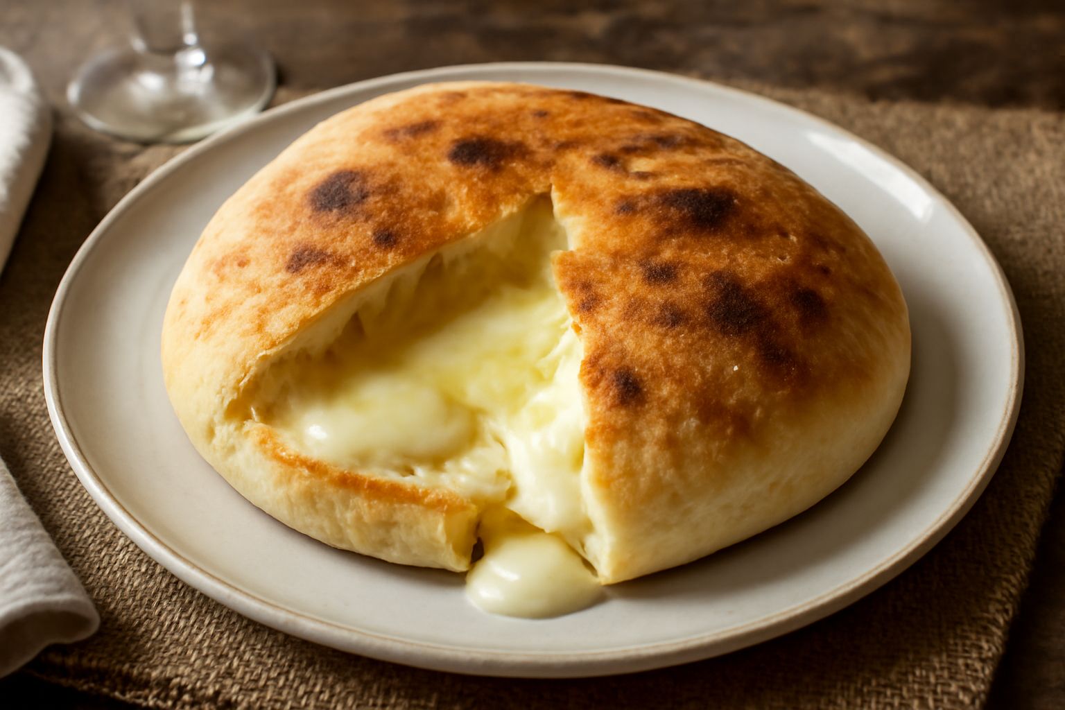 Puccia pugliese appena sfornata, tagliata a metà, con formaggio filante che si stacca dal ripieno, crosta dorata e briciole visibili sulla superficie di marmo bianco