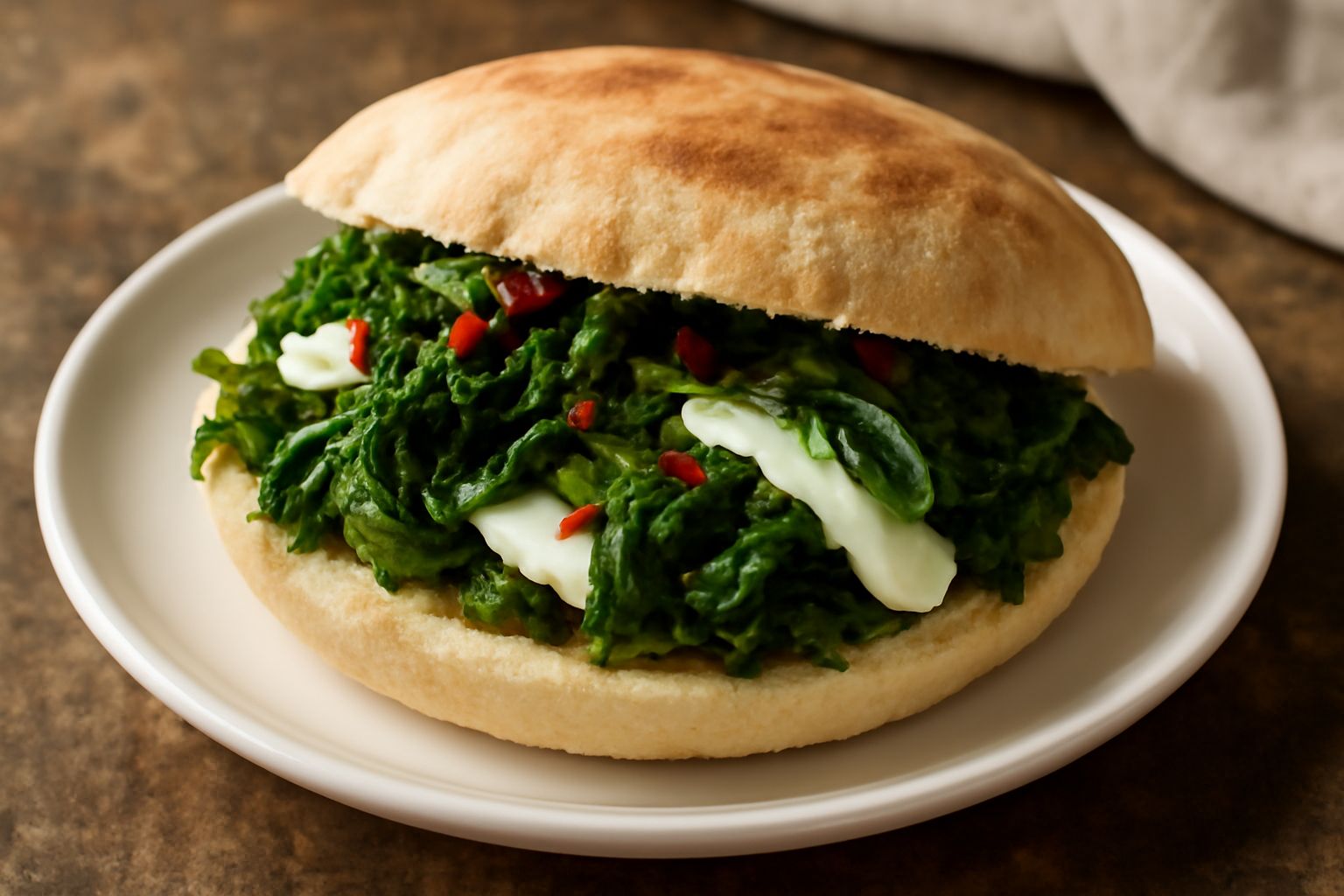Puccia appena tagliata a metà, ripiena di friarielli verdi croccanti e mozzarella bianca filante, spolverate di peperoncino rosso, servita su piatto bianco con tovaglia di lino