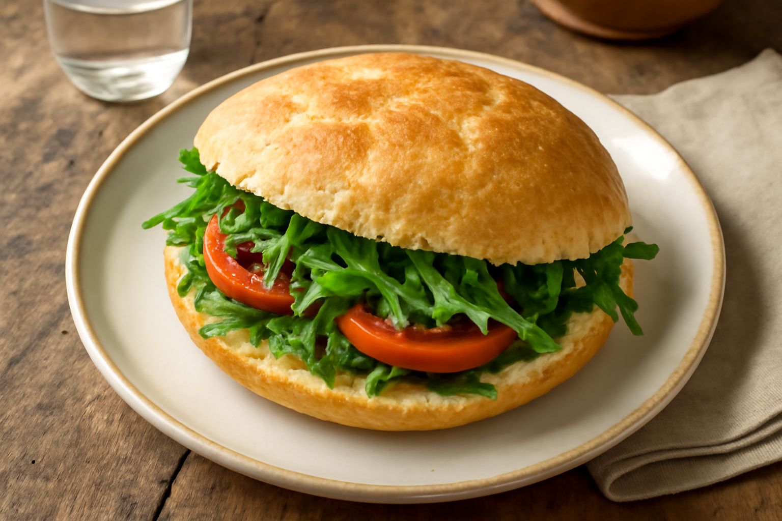 Puccia appena sfornata, dorata e croccante, tagliata a metà e riempita di rucola verde brillante, pomodoro rosso, formaggio bianco e olio d'oliva, posata su un piatto di ceramica