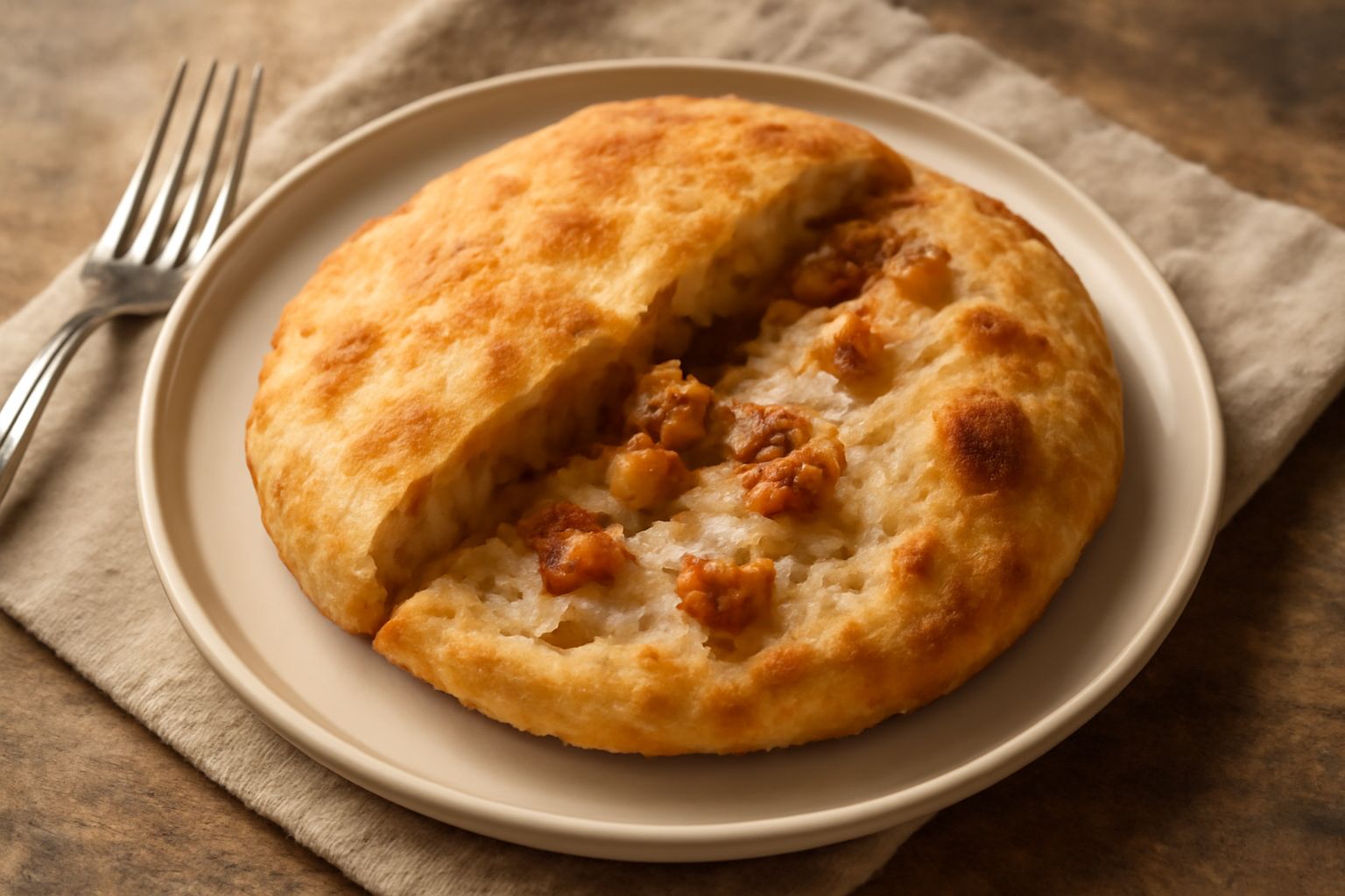 Puccia appena sfornata, tagliata a metà, ripiena di ciccioli dorati e croccanti, poggiata su un canovaccio di lino bianco, con un filo di sale marino visibile sulla superficie del pane