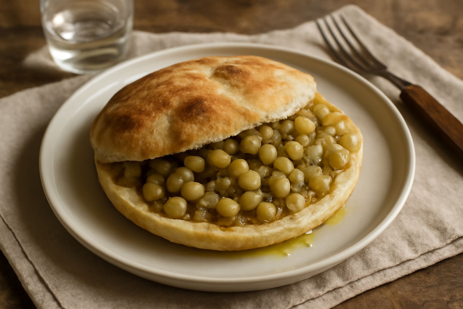 Puccia spaccata a metà mostra ripieno di cicerchie verdi e marroni con olio d'oliva, pane dorato e croccante intorno, posata su tavolo di legno rustico con spighe di grano