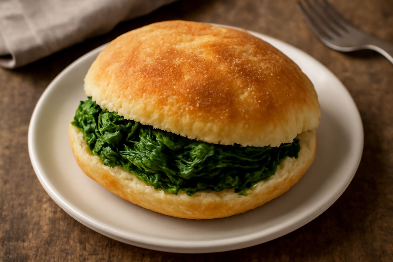 Puccia appena sfornata tagliata a metà, ripiena di cime di rapa verde scuro saltate in olio, su un tagliere di legno con gocce di olio d'oliva visibili sulla superficie dorata del pane
