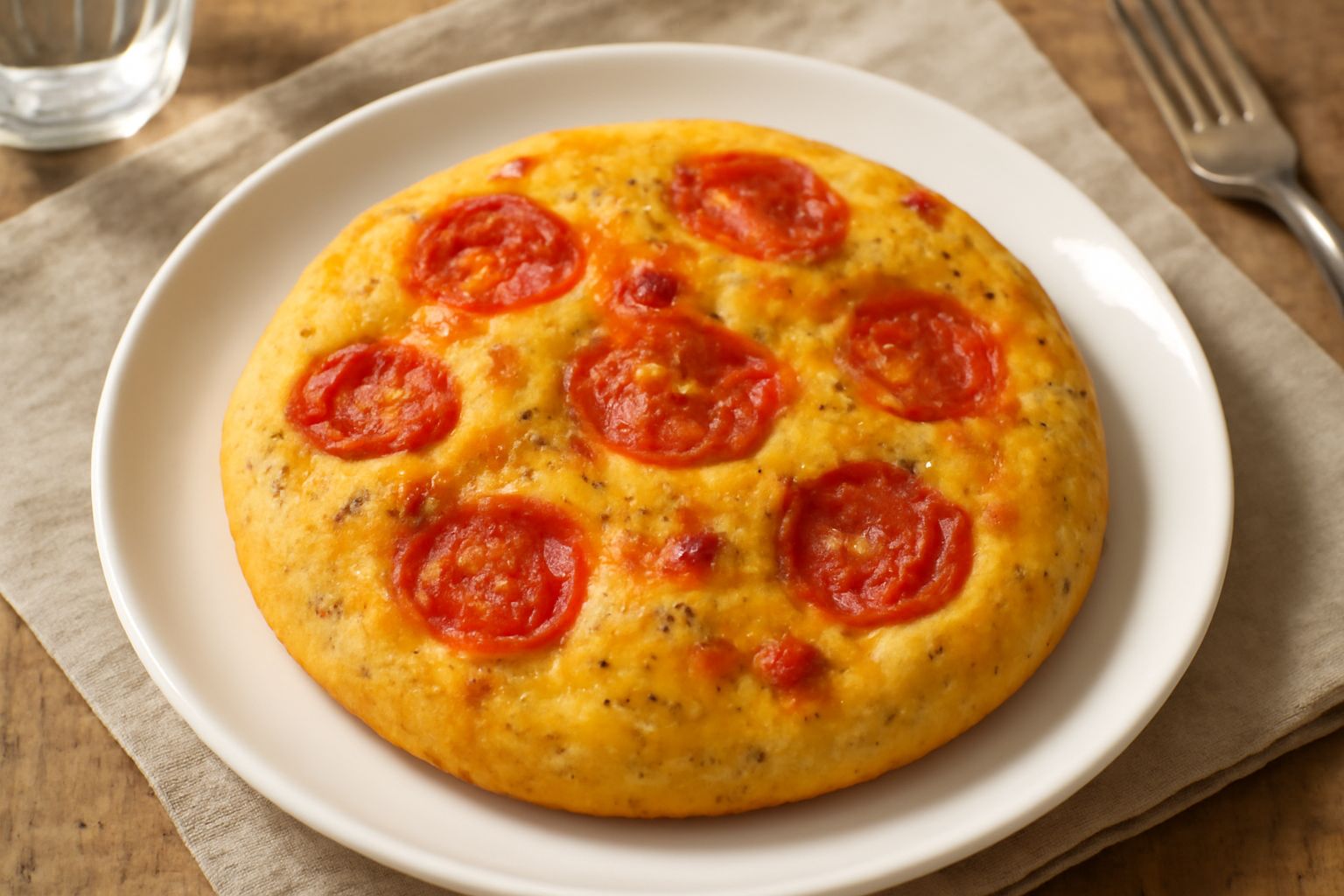 Puccia appena sfornata, dorata e croccante, con visibili pezzi di pomodoro rosso sulla superficie, cosparsa di origano e grani di sale grosso, poggiata su un piatto bianco con un filo di olio extraver