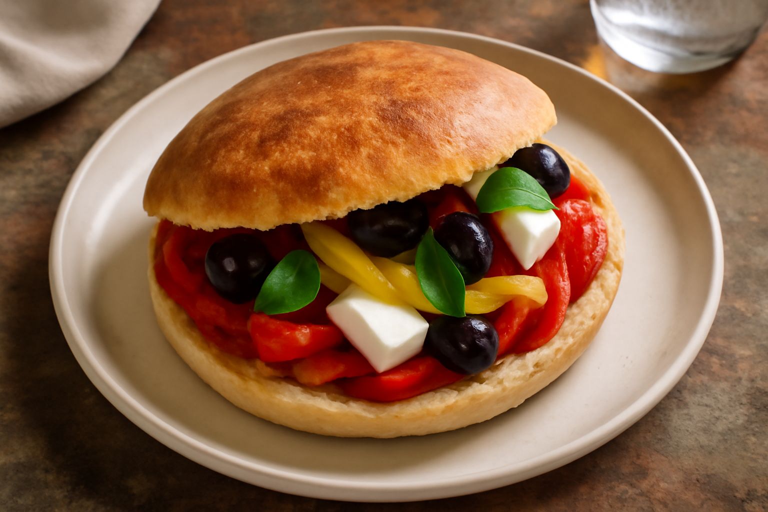 Puccia tagliata a metà su un piano di legno, con dentro peperoni rossi e gialli arrostiti ben visibili, accompagnata da olive verdi e basilico fresco
