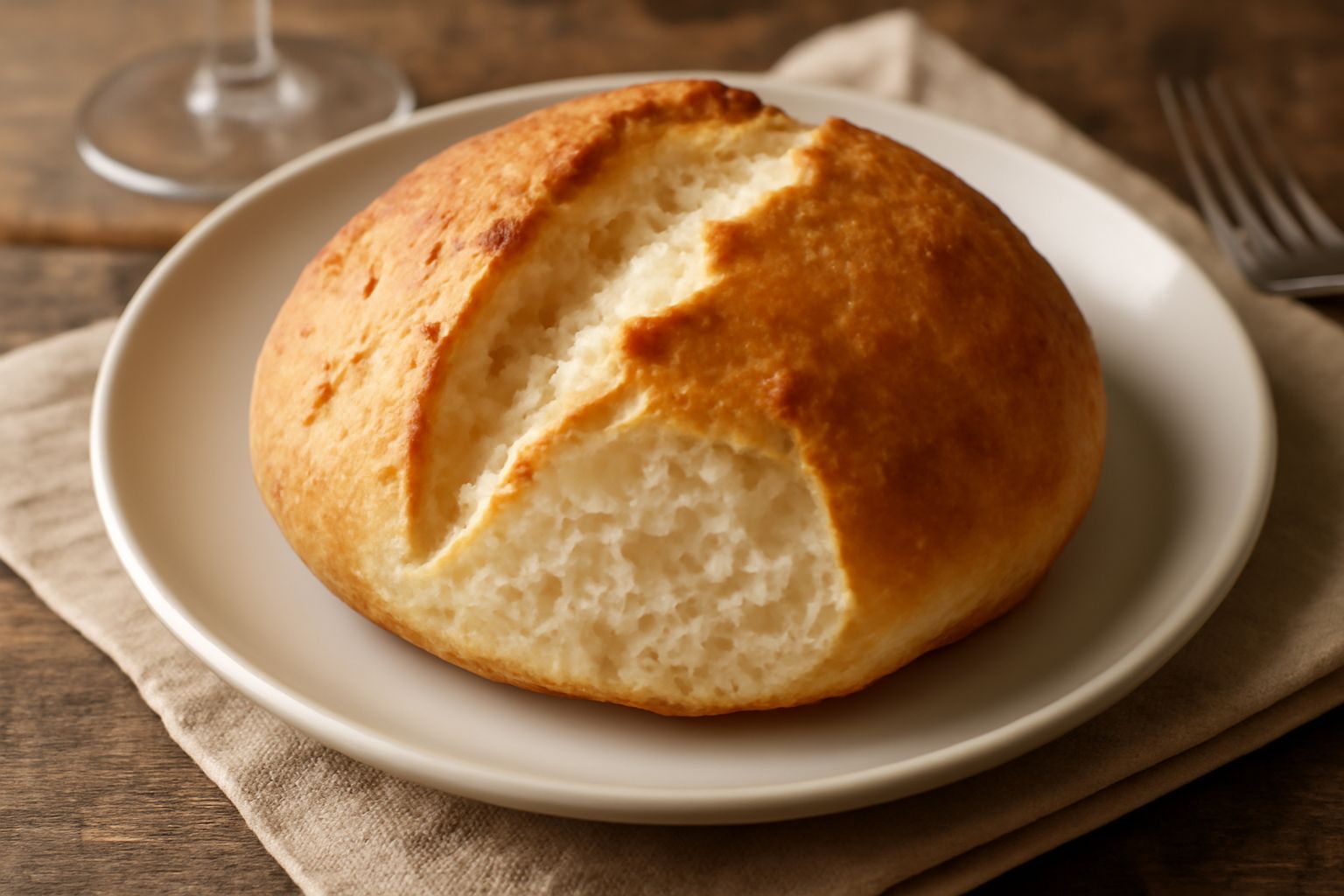 Tre pani di puccia dorati disposti su carta da forno, con crosta croccante scura, spaccatura centrale caratteristica, dentro visibile la mollica bianca e soffice, accanto una ciotola con strutto fuso