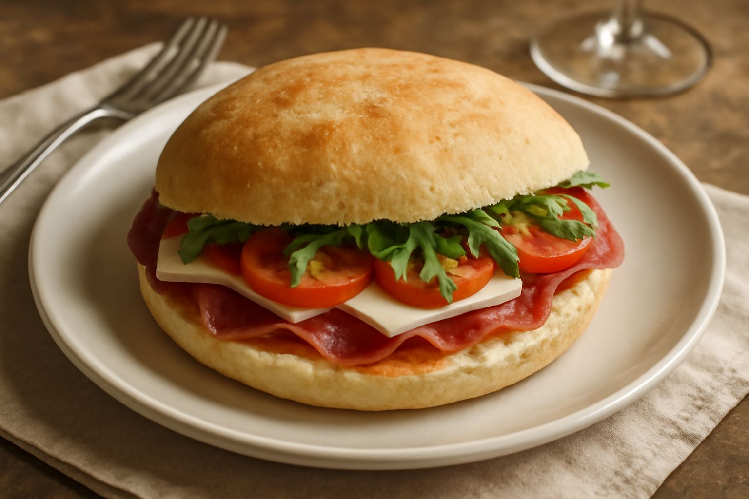 Puccia di Frosinone appena sfornata, pane rotondo di colore dorato con crosta sottile lucida, spaccato per mostrare la mollica bianca e soffice all'interno, posato su un canovaccio di lino bianco