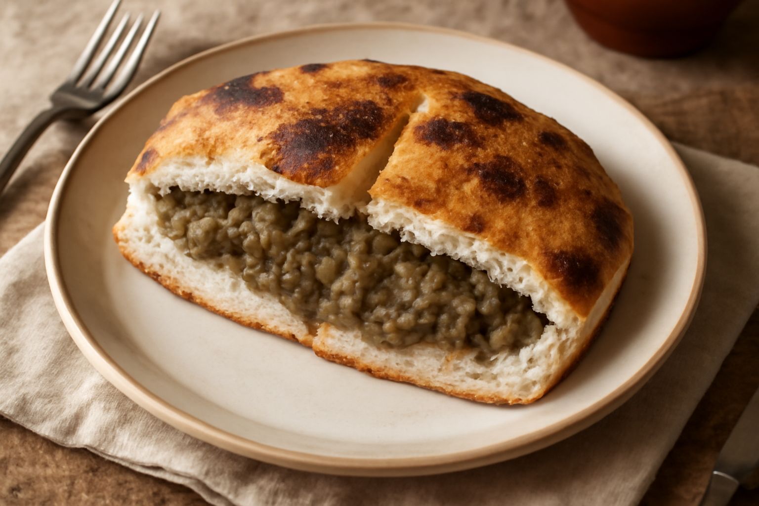 Puccia di melanzana appena sfornata, di colore dorato, tagliata a metà per mostrare il ripieno di melanzane grigio-marroni, servita su un piatto bianco con basilico fresco