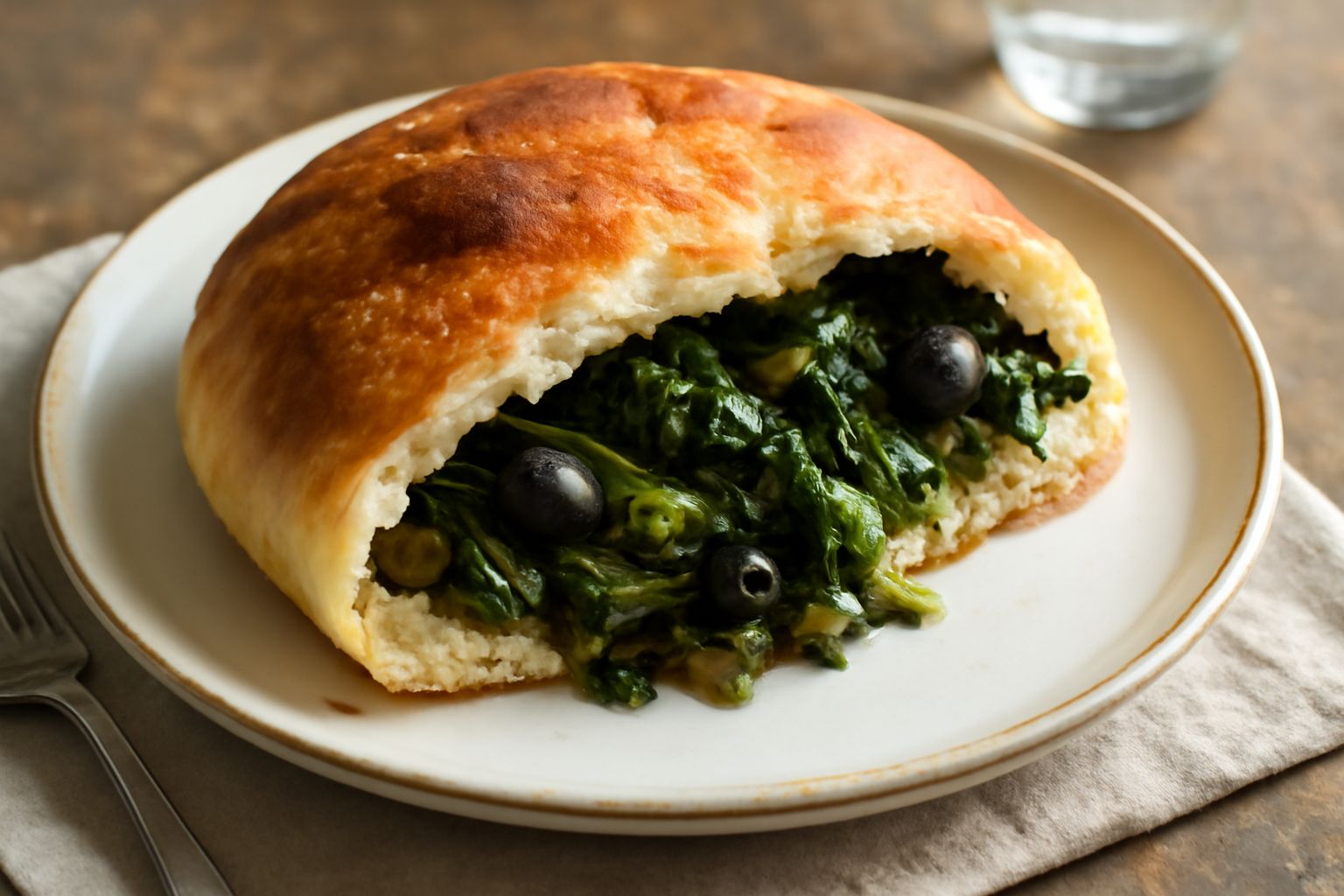 Puccia di scarola tagliata a metà, mostra il ripieno di scarola verde con olive nere e capperi, pane dorato e croccante, su un tavolo di legno con farina sparsa