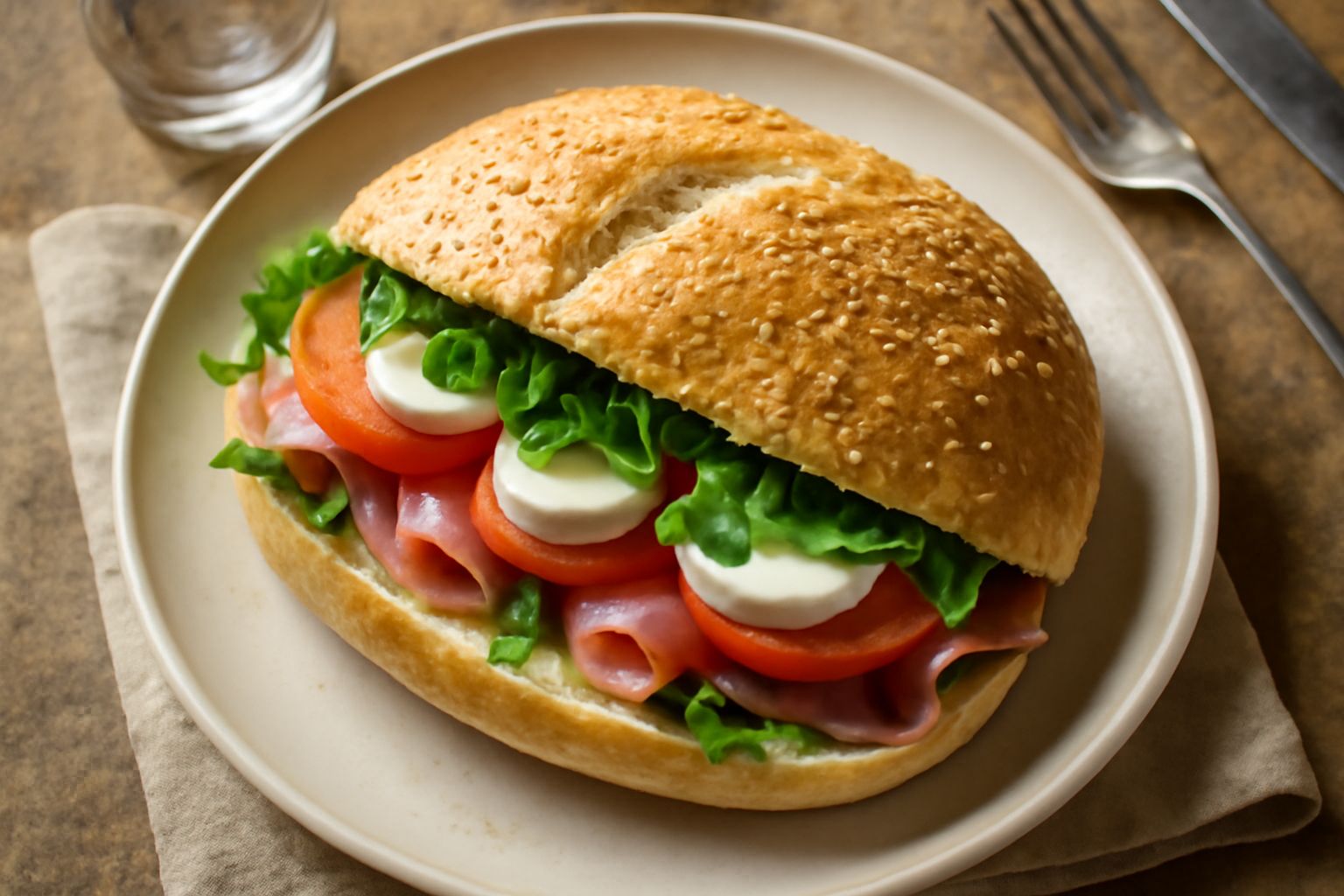 Puccia di semola ripiena tagliata a metà, che mostra la farcitura interna con salumi e formaggi, appoggiata su una tavola di legno con sesamo visibile sulla crosta dorata