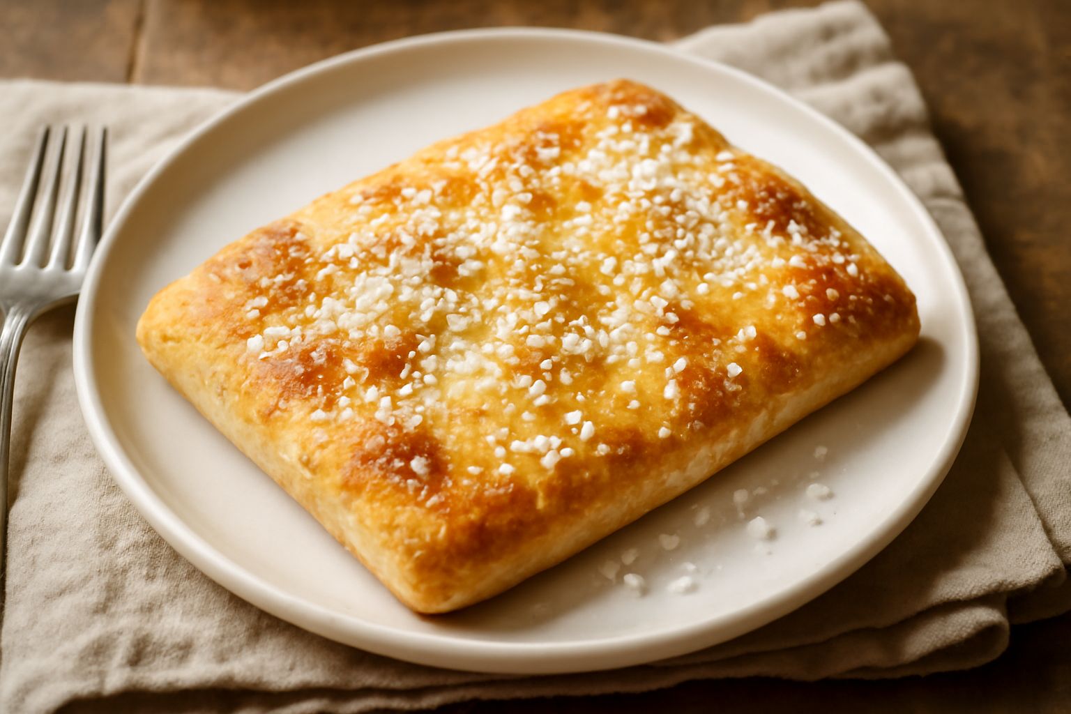 Puccia dolce dorata appena sfornata, cosparsa di zucchero bianco grosso e goccioline di olio lucido, con crosta croccante e spaccatura centrale, posata su carta bianca