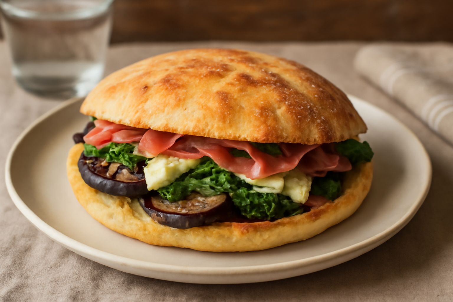 Puccia farcita appena sfornata, tagliata a metà orizzontalmente, con interno ripieno di melanzane, mozzarella bianca filante e pomodori rossi, poggiata su una carta marrone, vista dall'alto che mostra