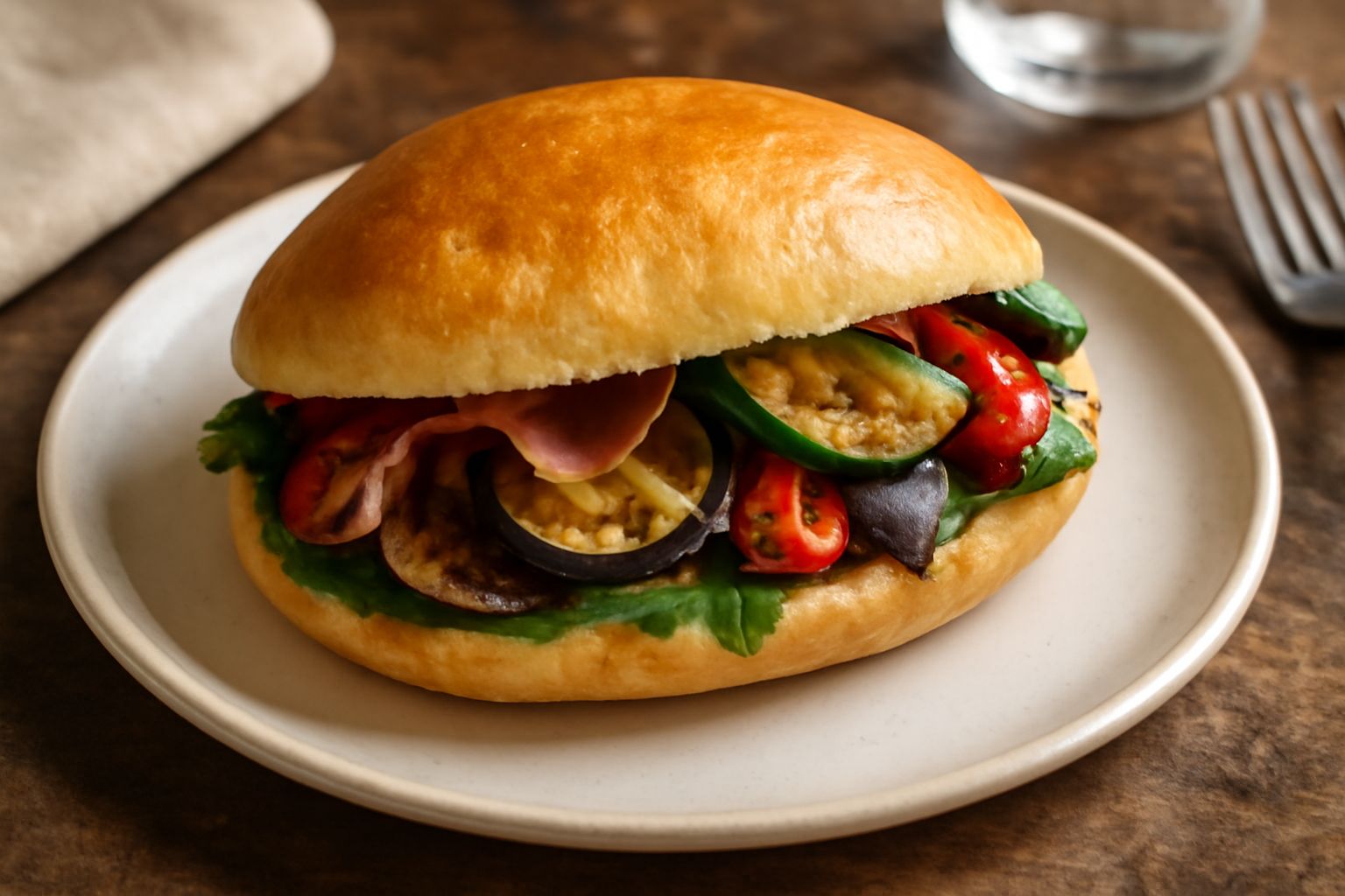 Puccia fredda tagliata a metà e impiattata su un tavolo bianco, con ripieno di verdure grigliate, mozzarella filante, pomodoro rosso, lettuga croccante. La superficie del pane è dorata e leggermente l