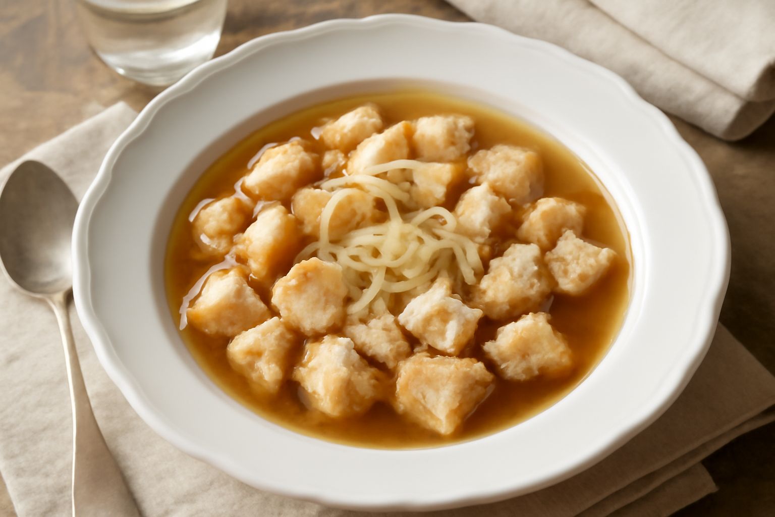 Ciotola di ceramica bianca con puccia bagnata in brodo caldo color ambra, pezzi di pane disgregati, due cucchiai di brodo dorato, fette sottili di cipolla trasparente galleggianti, prezzemolo fresco t