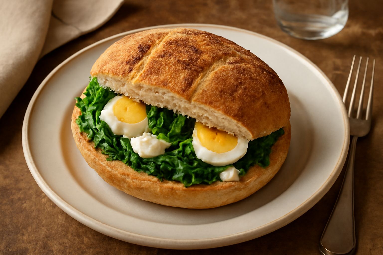 Puccia molisana appena sfornata, pane rotondo e dorato con crosta scura, tagliato a metà per mostrare il ripieno di verdure verdi e formaggio bianco, servito su un piatto di ceramica