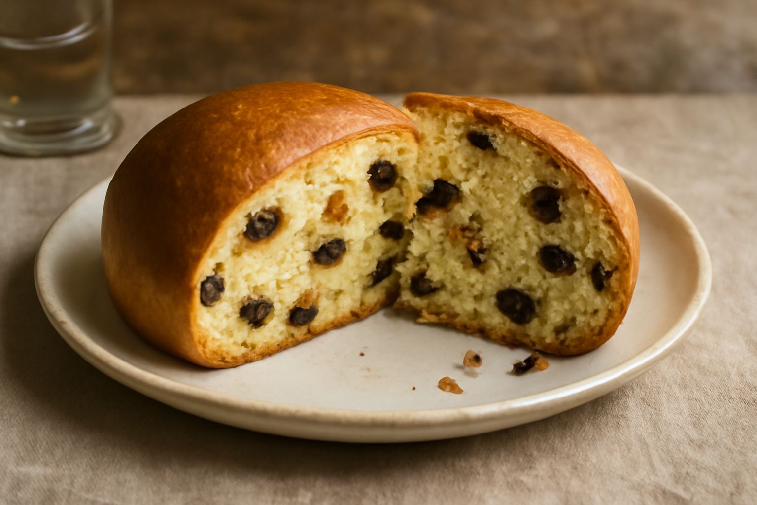 Puccia reggina appena sfornata, pane dolce rotondo con crosta dorata, uvetta visibile sulla superficie, fette di noci attorno nel piatto