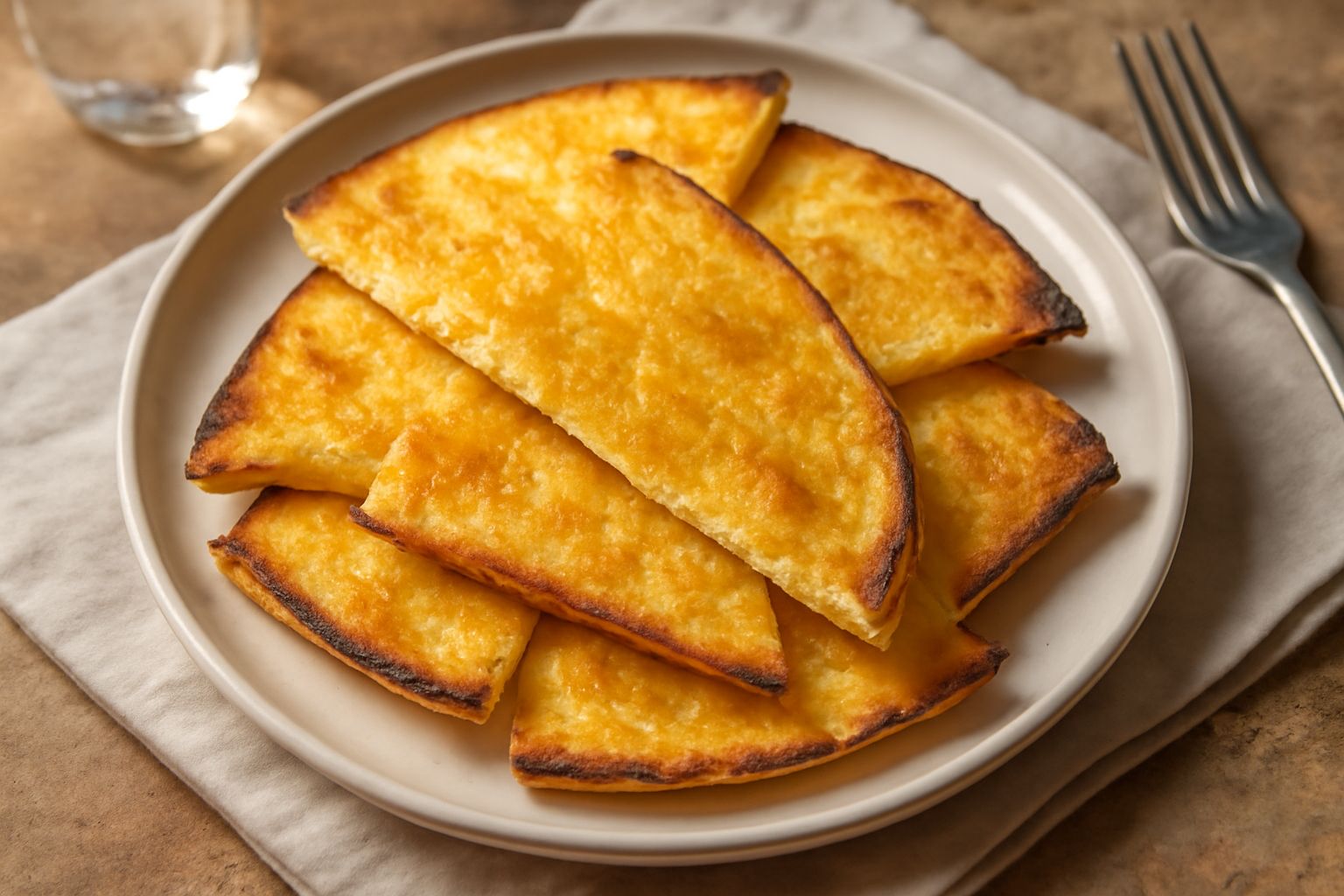 Fette di puccia color oro tostato, croccanti e fragranti, disposte su un piatto bianco con un filo d'olio extravergine, bordi irregolari leggermente scuri, sfondo neutro