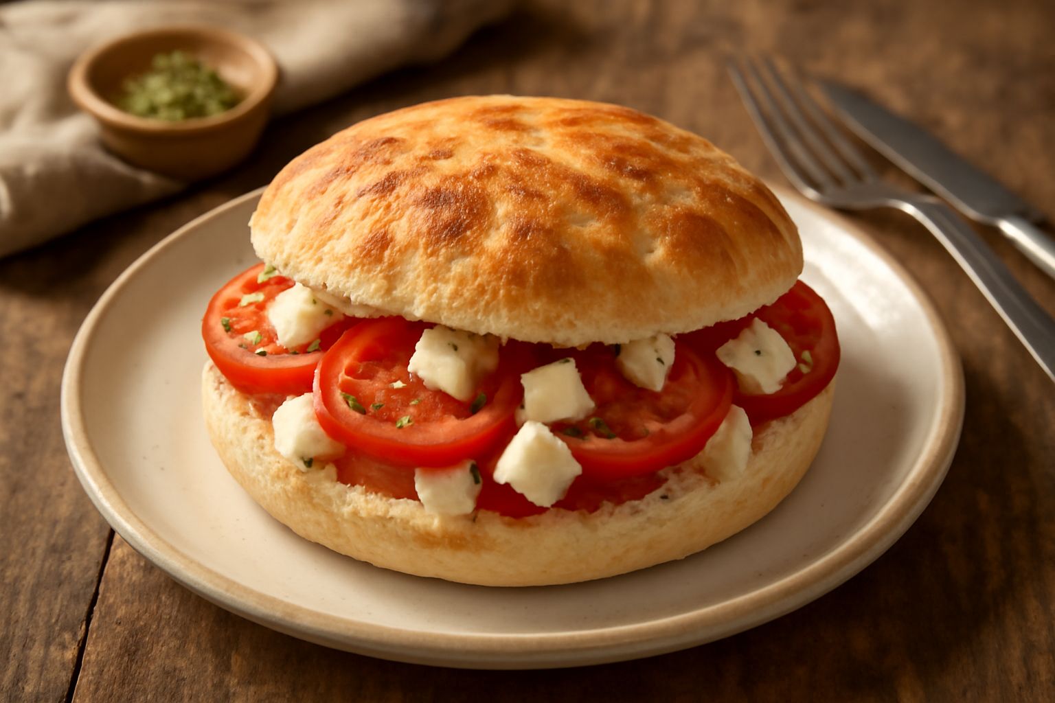 Puccia ripiena appena sfornata, rotonda e dorata, tagliata a metà per mostrare l'interno croccante e la farcitura visibile con pomodoro rosso, mozzarella bianca e olive nere, poggiata su una tavola di