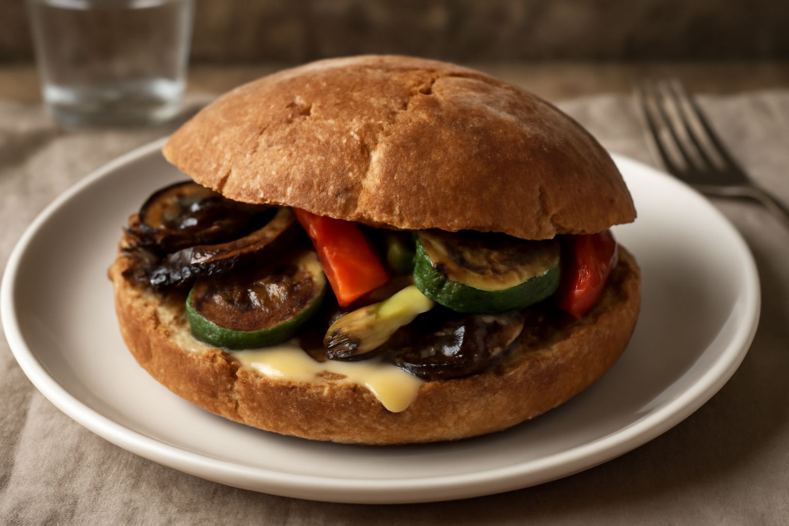 Puccia ripiena spezzata a metà su un tagliere di legno, che mostra l'interno con verdure grigliate, formaggio fuso e rigatino; crosta dorata e croccante, contorno di insalata mista fresca