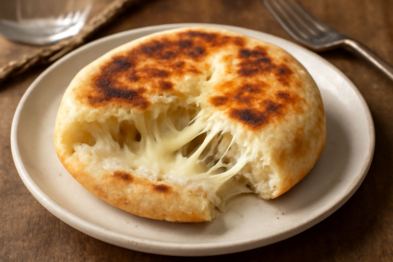Puccia appena sfornata, tondeggiante e appiattita, con superficie dorata e leggermente croccante, spaccata a metà per mostrare l'interno morbido e il formaggio fuso, su un piatto bianco su tavolo in l