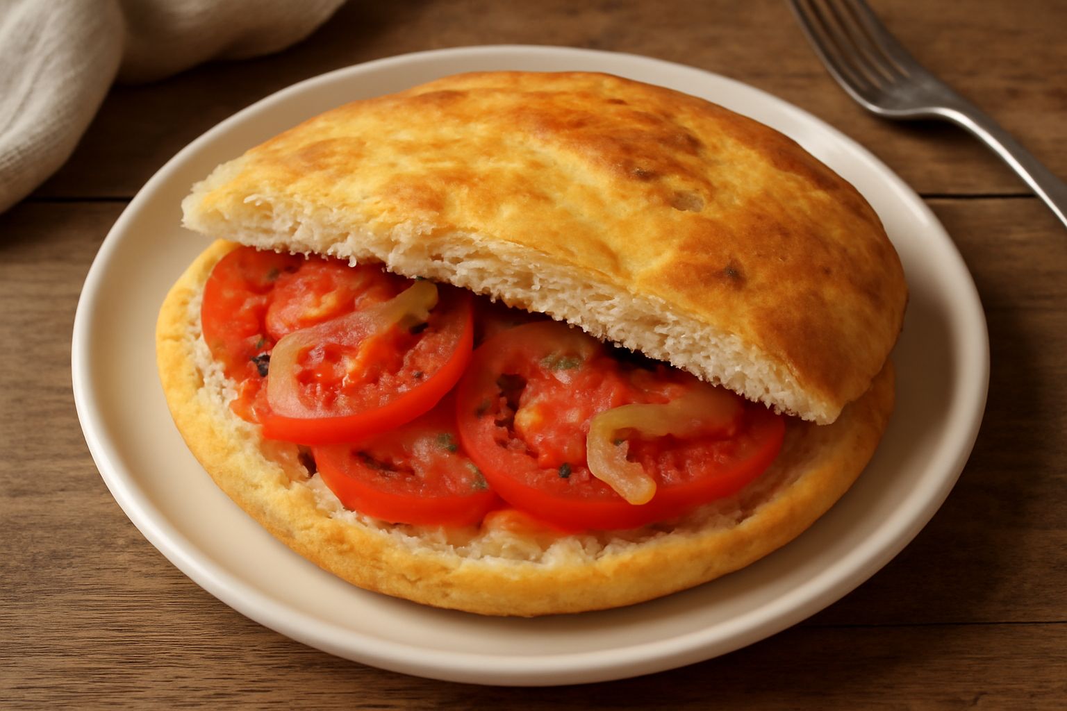 Puccia appena sfornata, di colore dorato, tagliata a metà per mostrare l'interno con pomodoro rosso e cipolla trasparente, posata su un piatto bianco con olio d'oliva ai lati