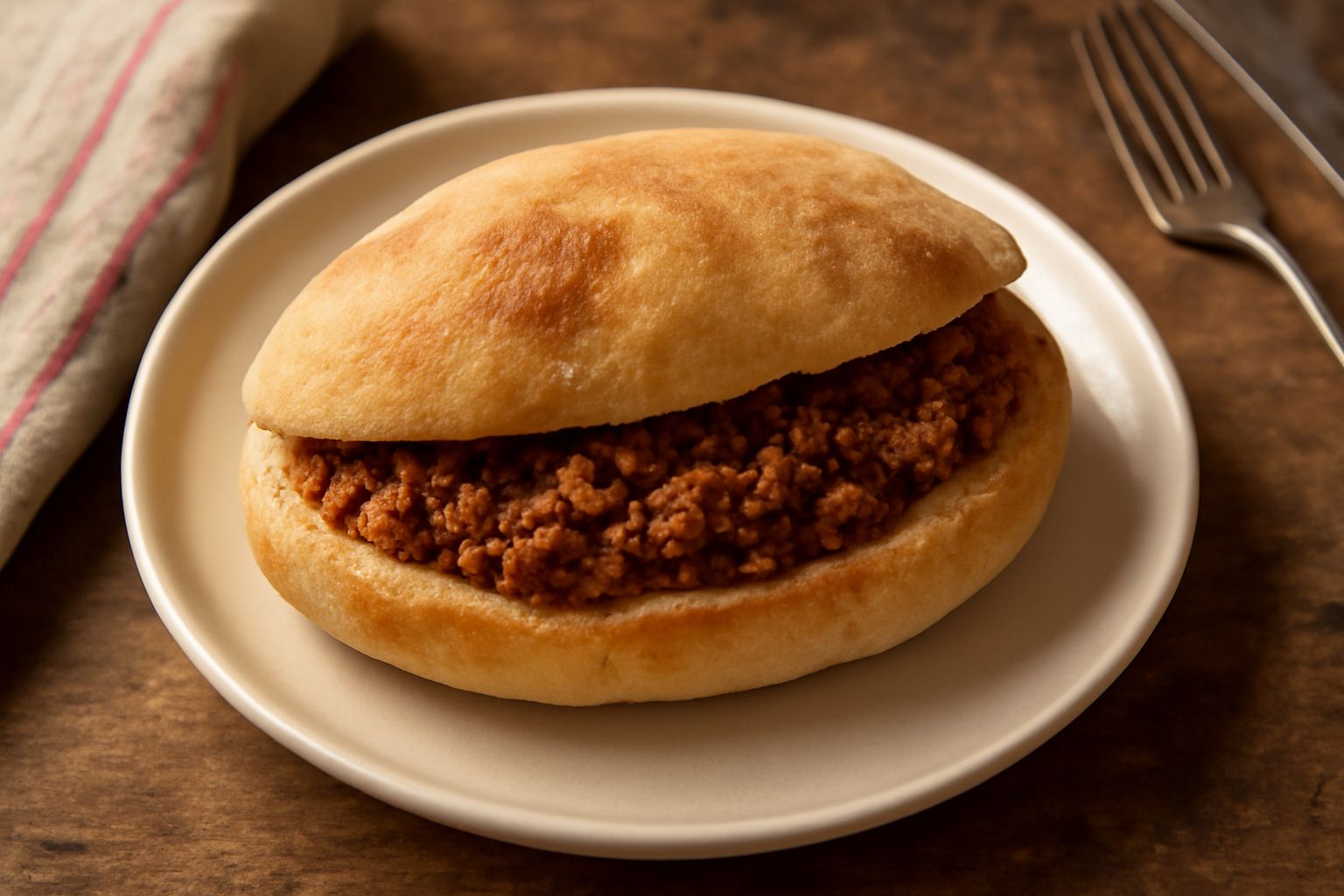 Puccia ripiena di ragù tagliata a metà, mostrando all'interno il ragù di carne scuro e denso, con crosta esterna dorata e croccante, appoggiata su un tavolo di legno