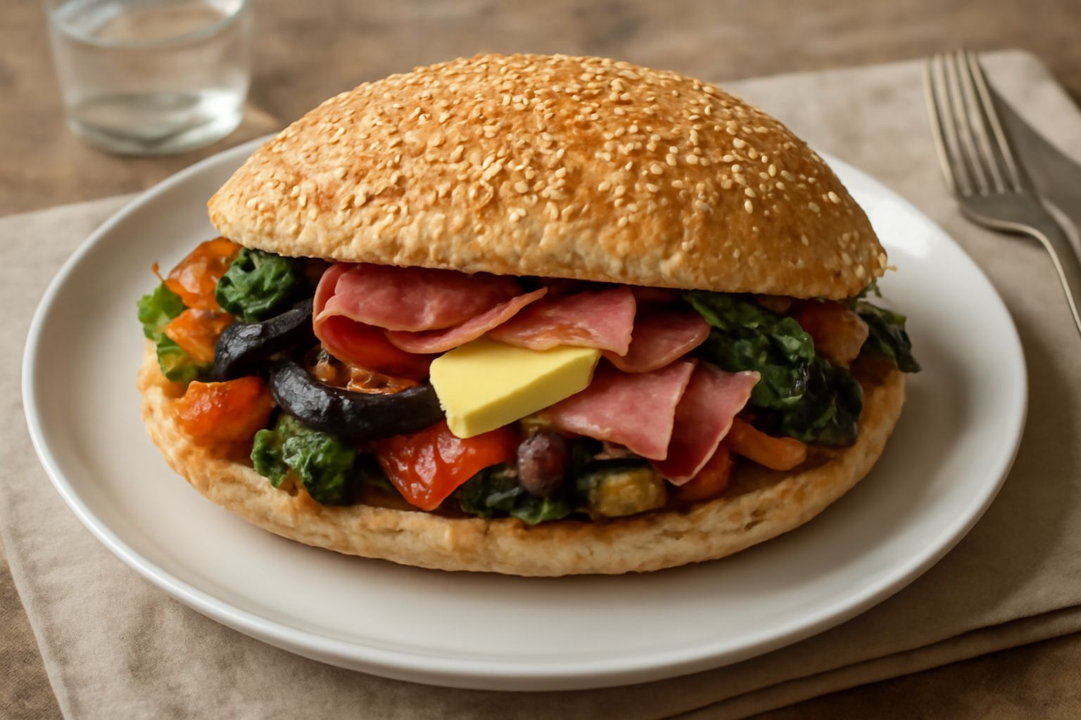 Puccia spaccata a metà, ripiena di verdure verdi e gialle, formaggi bianchi e salumi rossi, appoggiata su un piatto bianco con micrini di sesamo sulla crosta dorata