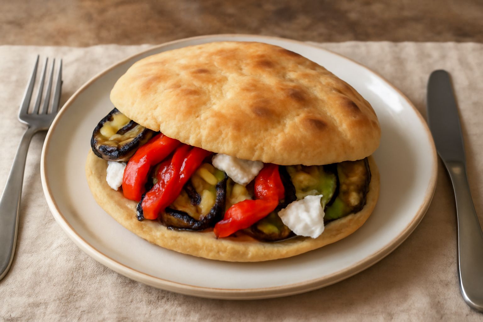 Puccia aperta ripiena di verdure grigliate color melanzana e peperone rosso, formaggio bianco di feta, su un piatto di ceramica con olio d'oliva sullo sfondo