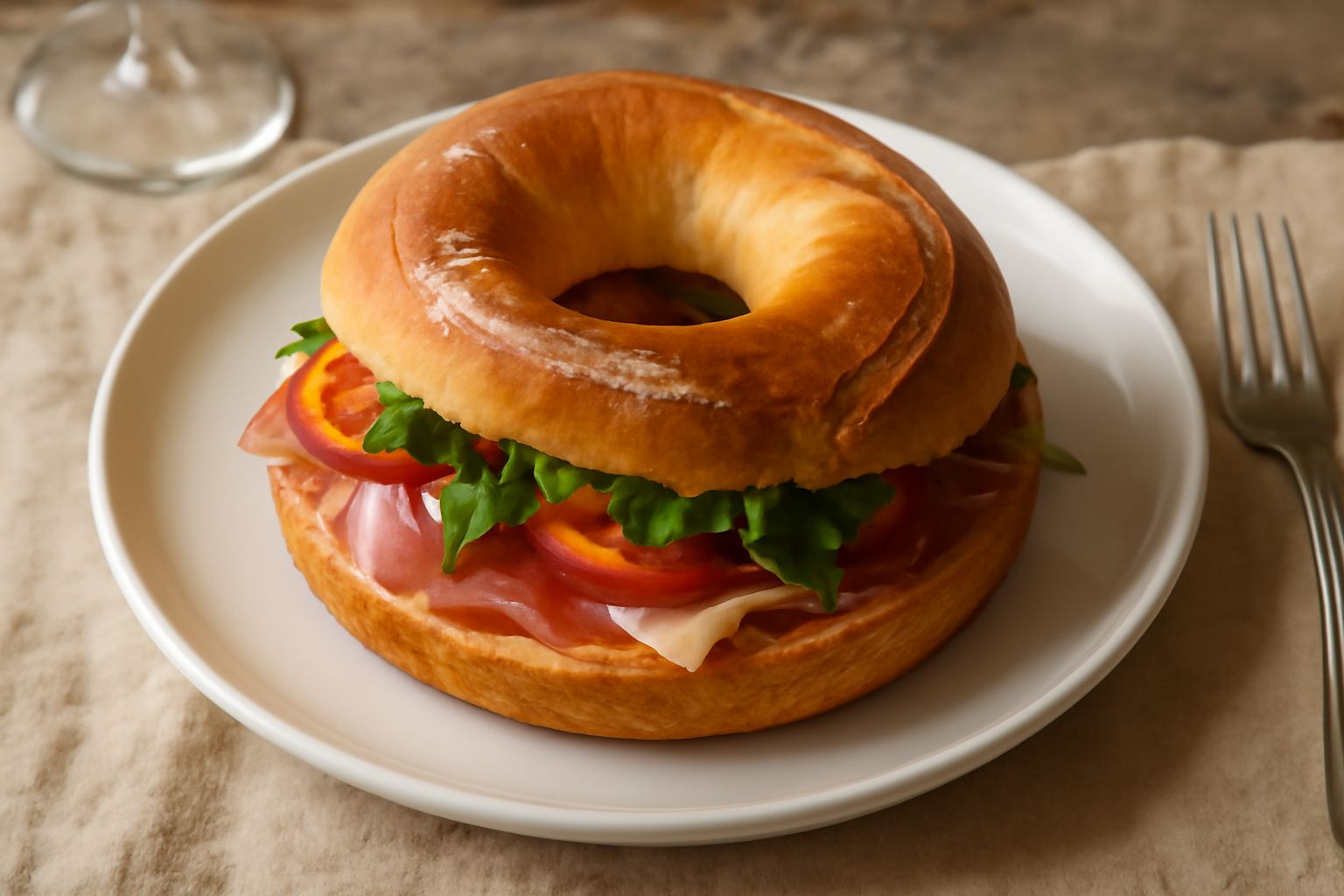 Puccia rodigina dorata e croccante a forma di ciambella con ripieno di ciccioli visibili, affettata su tagliere di legno con farina sparsa