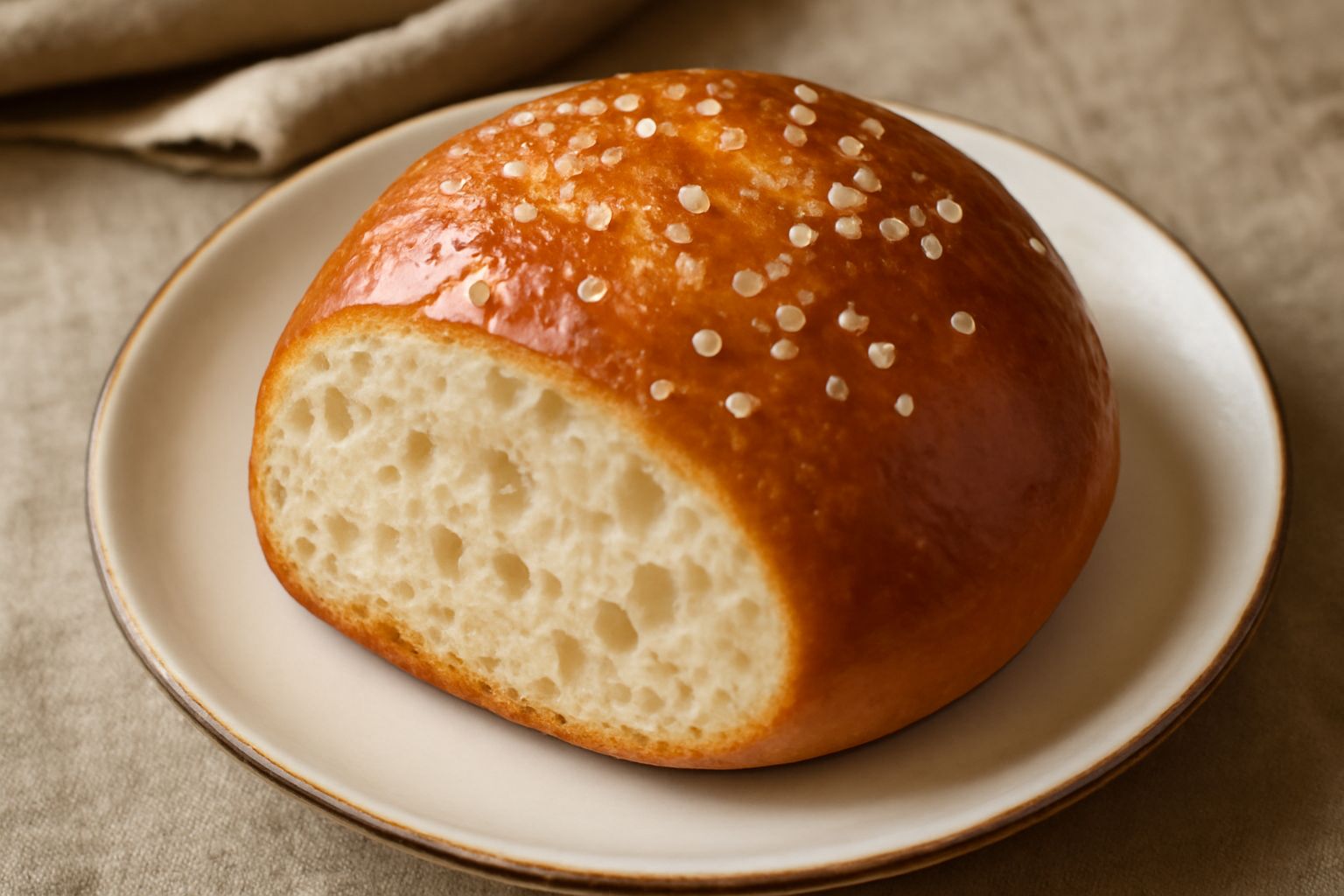 Puccia salata rotonda su tavolo di legno rustico, con crosta marrone dorata, grani di sale grosso visibili in superficie, spezzata in due per mostrare l'interno morbido bianco-crema, contorno di grano