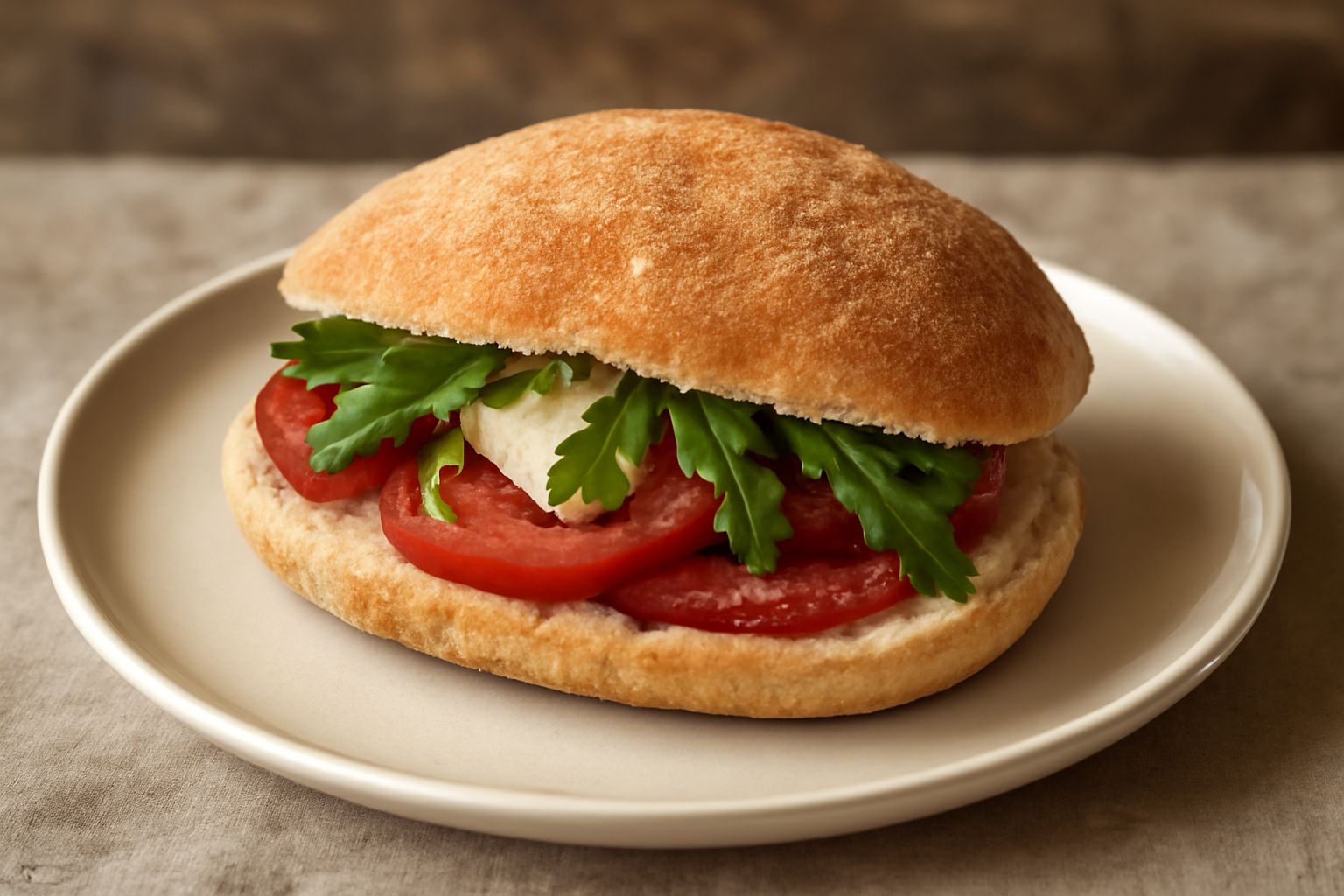Puccia salentina appena sfornata su un canovaccio bianco, con crosta dorata e granulosa, forma ovale leggermente bombata, tagliata a metà che mostra la mollica bianca e soffice all interno
