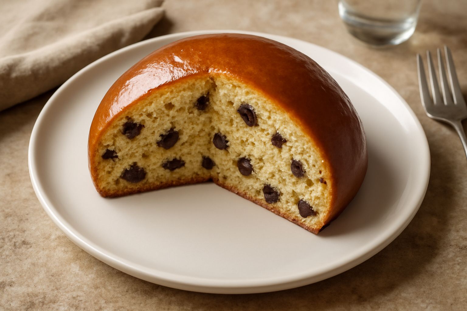 Pucciata appena sfornata, dorata in superficie, posta su un canovaccio bianco. Si intravedono i pezzi di uvetta e le gocce di cioccolato affioranti dall'interno, con il profilo bombato e morbido del d
