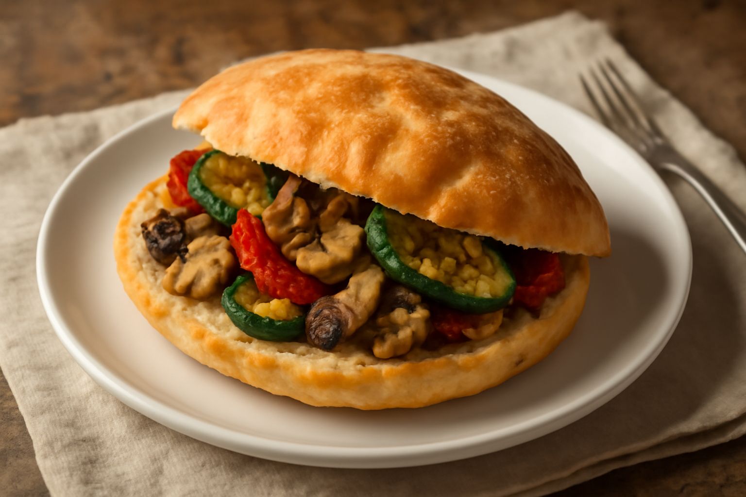Pucìcia appena sfornata, dorata e croccante in superficie, spaccata a metà per mostrare l'interno soffice bianco e i ripieni di melanzane grigliate, mozzarella fresca e pomodori, poggiata su un piatto