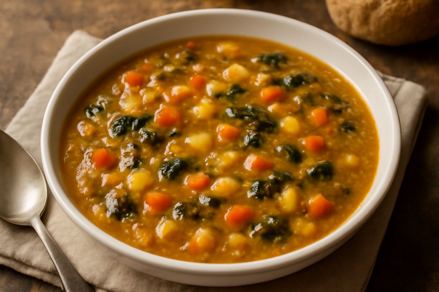 Una ciotola di pucino fumante con verdure tagliate a pezzi piccoli, fagioli visibili nel brodo dorato, un cucchiaio di legno appoggiato sul bordo e un pezzo di pane tostato accanto