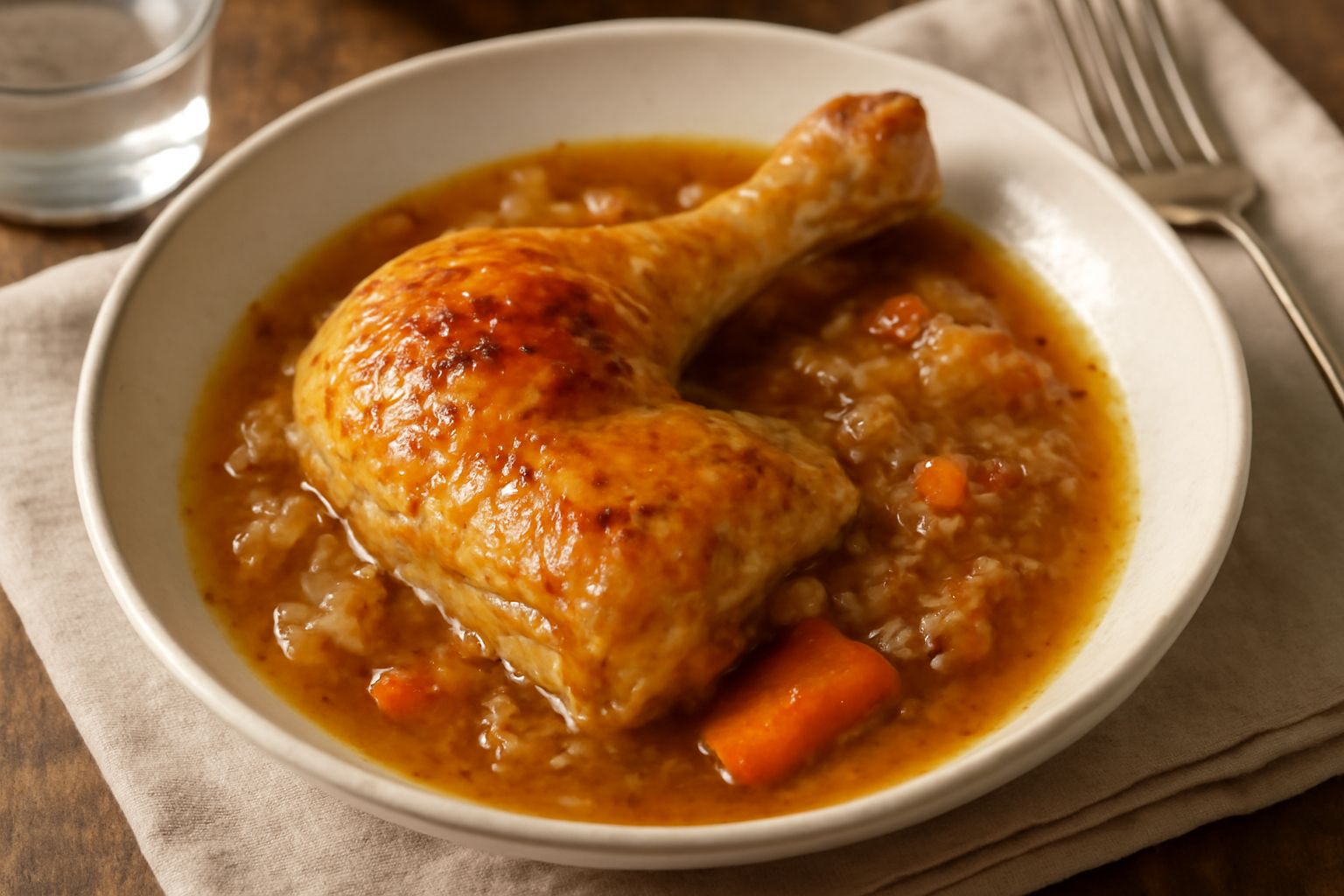 Pollo in umido in una ciotola di ceramica bianca con salsa marrone, verdure morbide, cipolla e carota visibili intorno al pollo, contorno di prezzemolo fresco, su tavolo rustico di legno.