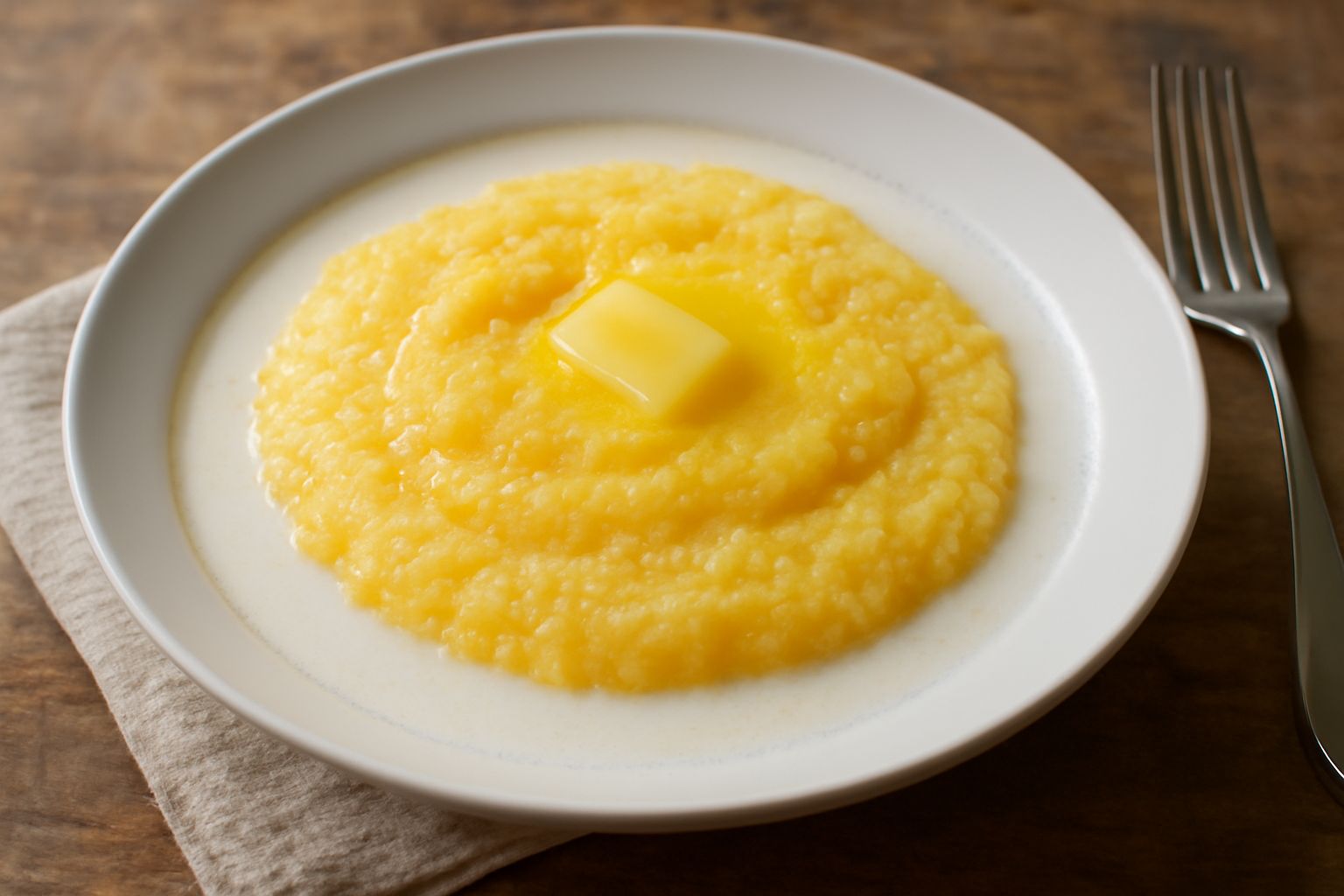 Ciotola di terracotta bianca con polenta gialla cremosa versata in latte caldo fumante, guarnita con noce di burro, su tavolo di legno grezzo con cucchiaio di legno accanto