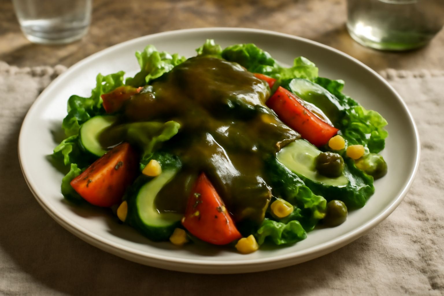Ciotola bianca con condimento cremoso verde scuro dall'olio di semi di zucca, cucchiaio di legno dentro, sfondo di insalata mista fresca con rucola e barbabietola grattugiata