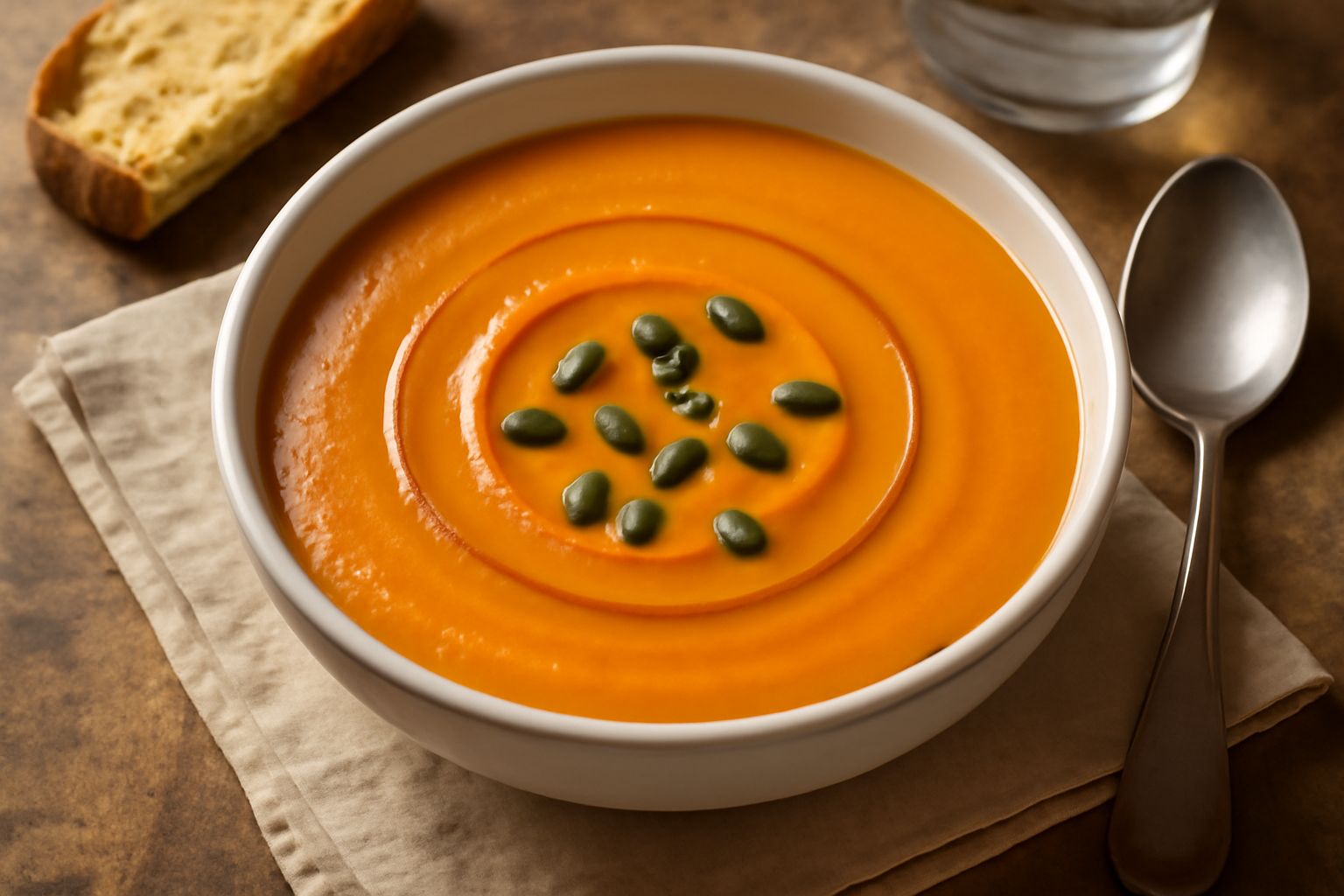 Ciotola di porcellana bianca con zuppa di zucca arancione cremosa, guarnita con semi di zucca tostati e un filo di olio di oliva, con pane tostato accanto