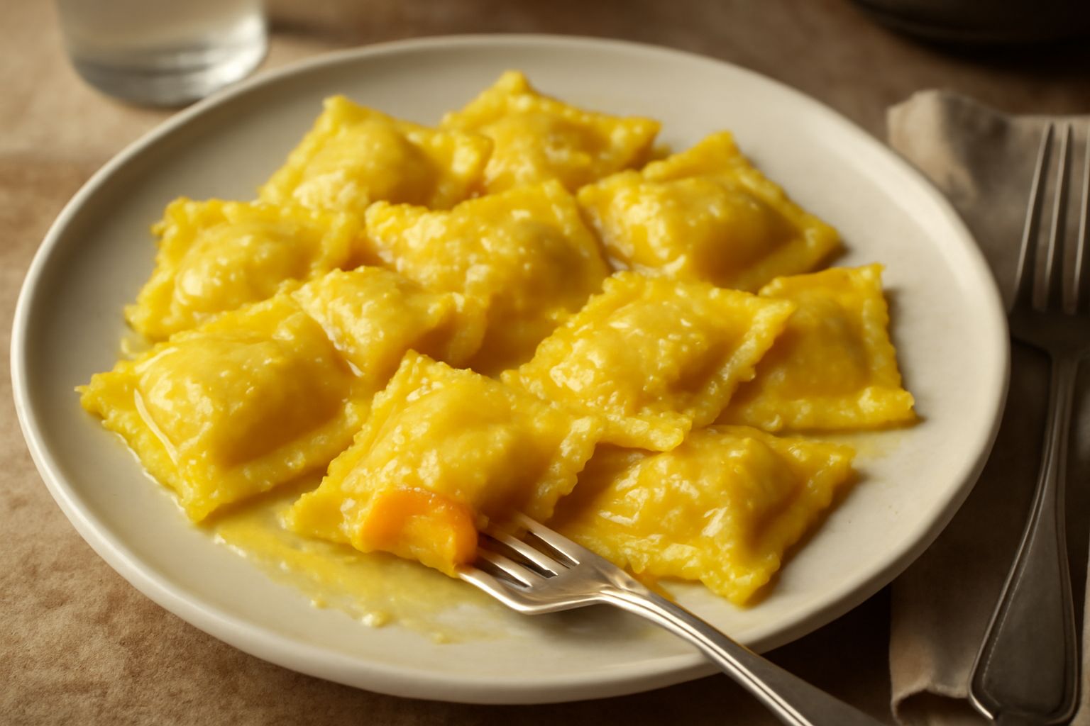Pumpkin tortelli quadrati di pasta fresca dorata serviti in piatto bianco, ricoperti di burro fuso, salvia croccante e scaglie di parmigiano, con fondo beige sfumato