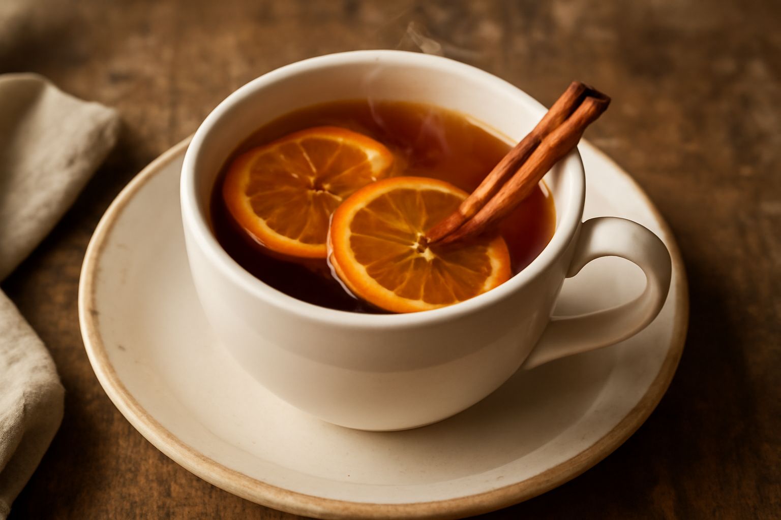 Una tazza di punch al rhum color ambrato con una stecca di cannella dentro, vapore che sale dal bordo, con bucce d'arancia e chiodi di garofano sparsi accanto sulla superficie di legno scuro