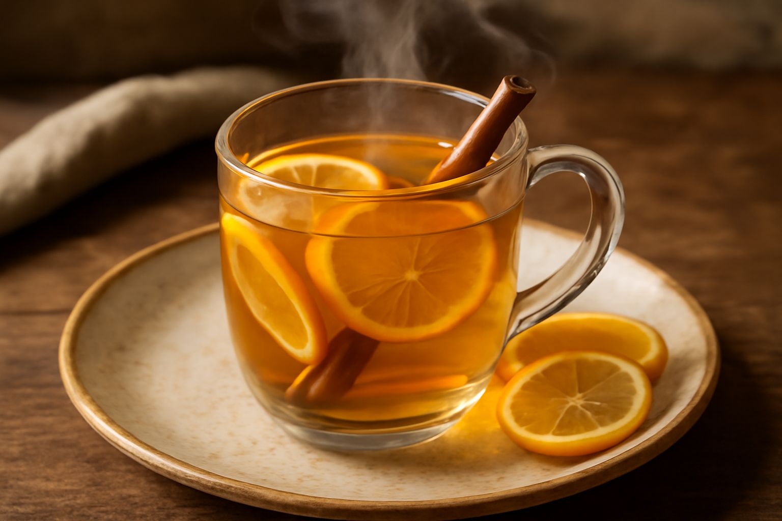 Punch al rum servito in tazza di vetro trasparente con fetta di arancia e stecca di cannella, vapore che sale dalla superficie, colore dorato ambrato, in sottofondo spezie sparse su legno scuro