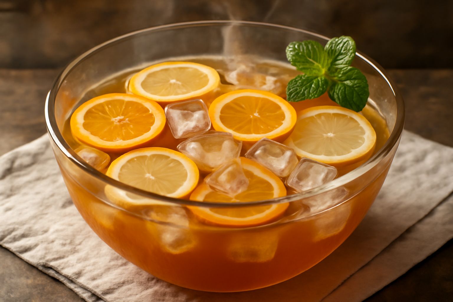 Punch alla romana in una grande ciotola di vetro trasparente con fette di limone e arancia galleggianti, cubetti di ghiaccio, decorato con rami di cannella, vapore appena versato, bicchieri cristallo 