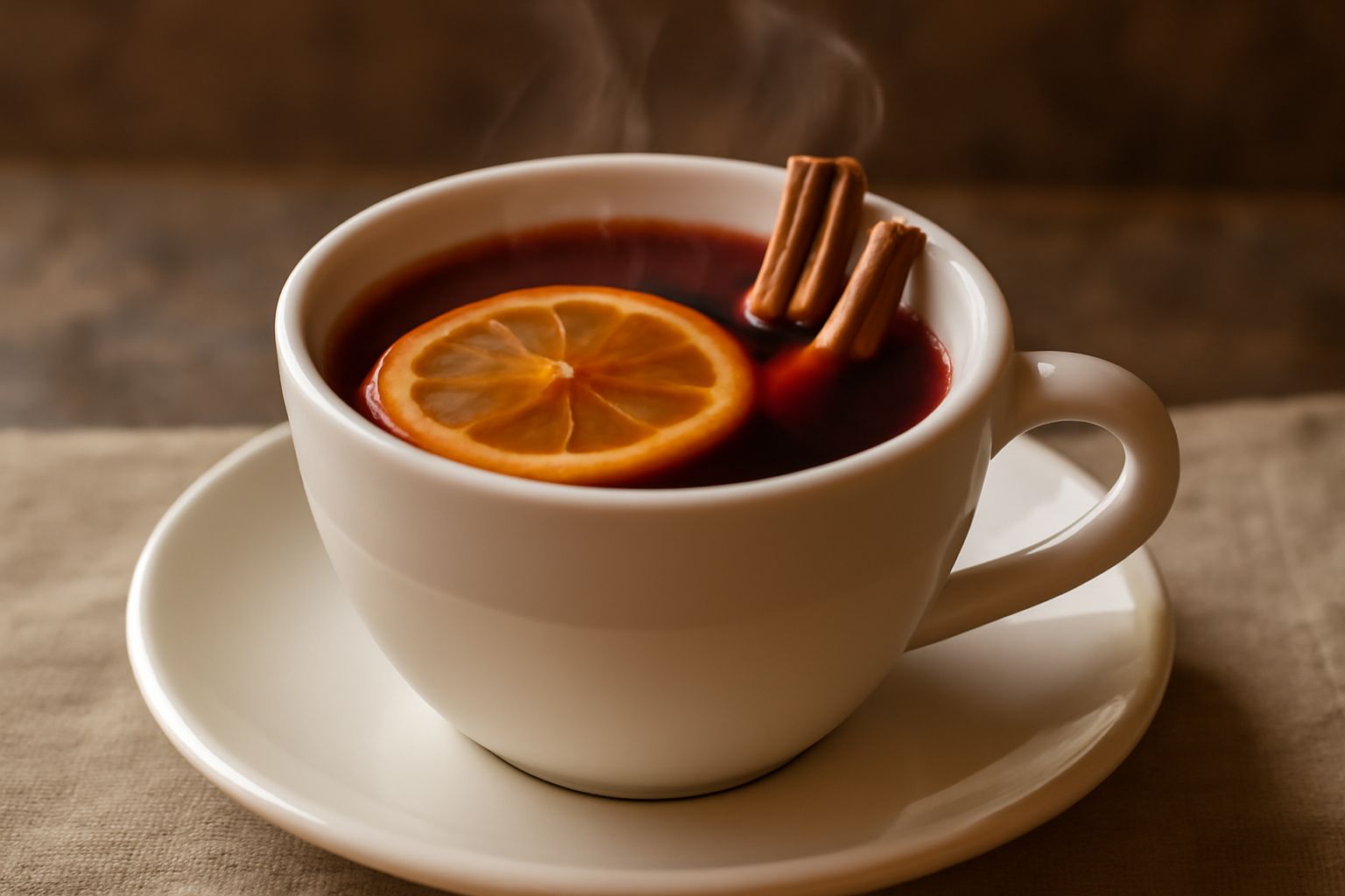 Una tazza di vetro trasparente riempita di punch fumante di color rubino scuro, con una fetta di limone e un bastoncino di cannella poggiati sul bordo, su uno sfondo di neve e addobbi invernali sfocat