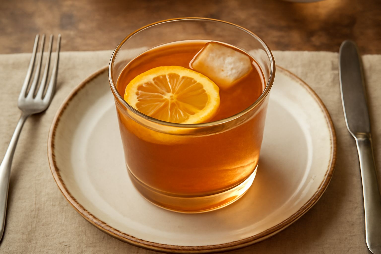 Punch alla Veneta in una caraffa di vetro trasparente con fette di limone e arancia galleggianti, liquido ambrato, servito in bicchieri con cubetti di ghiaccio e bastoncini di cannella, su un tavolo i