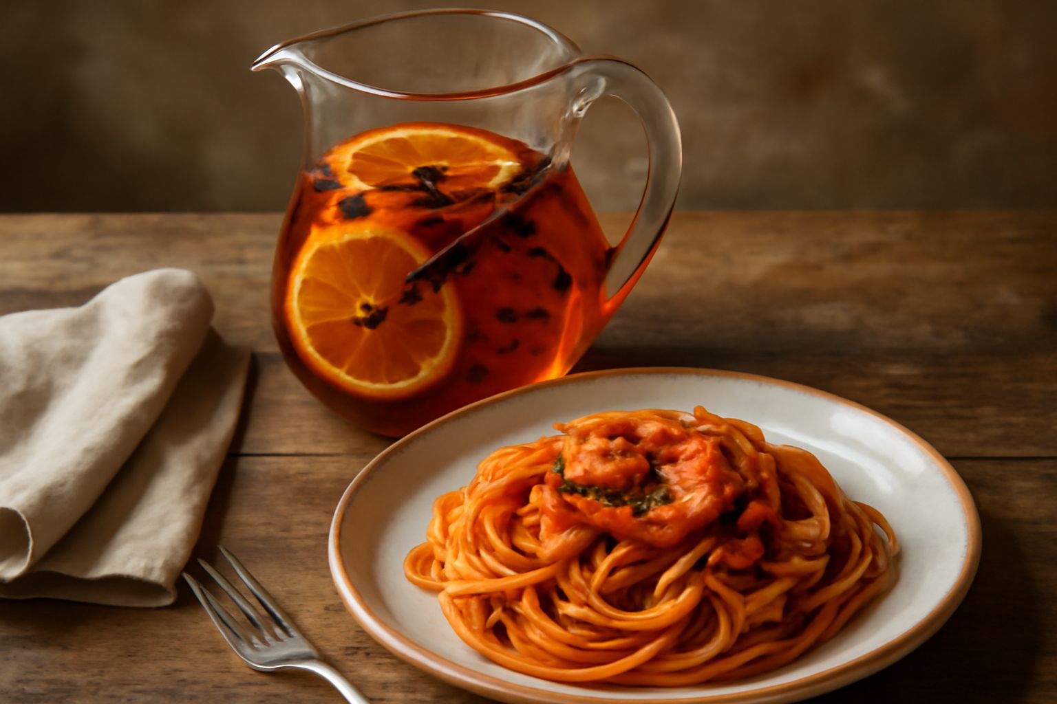 Una caraffa di vetro trasparente piena di punch color ambrato scuro, con fette di arancia galleggianti, bacchette di cannella e chiodi di garofano visibili, vapore che sale delicatamente, tazze bianch