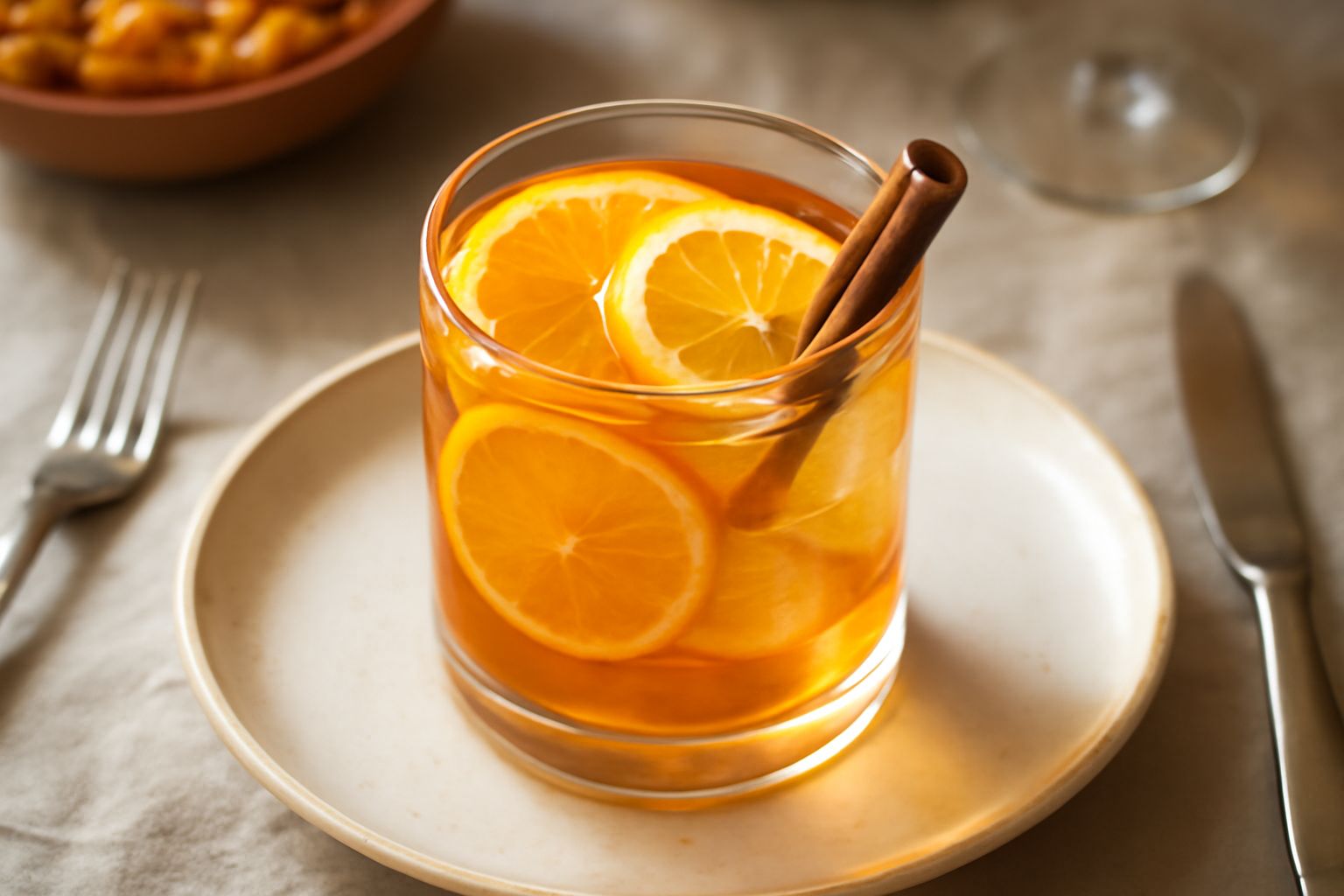 Un bicchiere alto di cristallo contiene punch calabrese color ambra con fette di limone e arancia fresca, ghiaccio trasparente, una cannella e una fetta di lime rimane sulla spalla del bicchiere