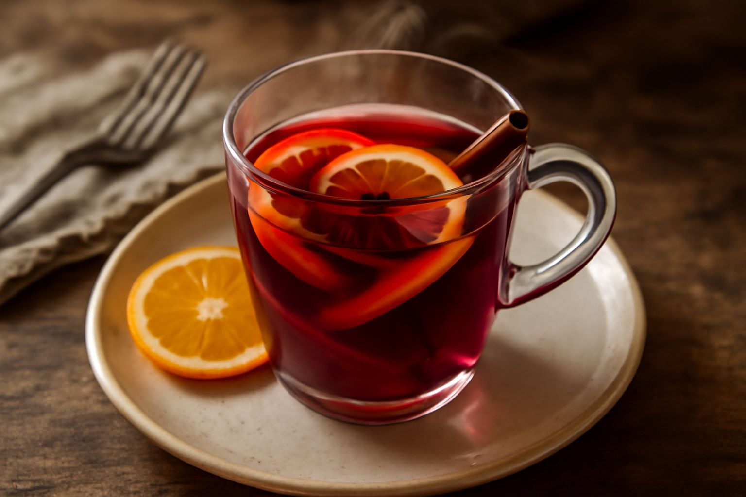 Punch romagnolo in tazza di vetro trasparente con manico, fumante, con fette di arancia visibili nel liquido color rubino profondo, bastoncino di cannella appoggiato sul bordo, sfondo sfuocato con can